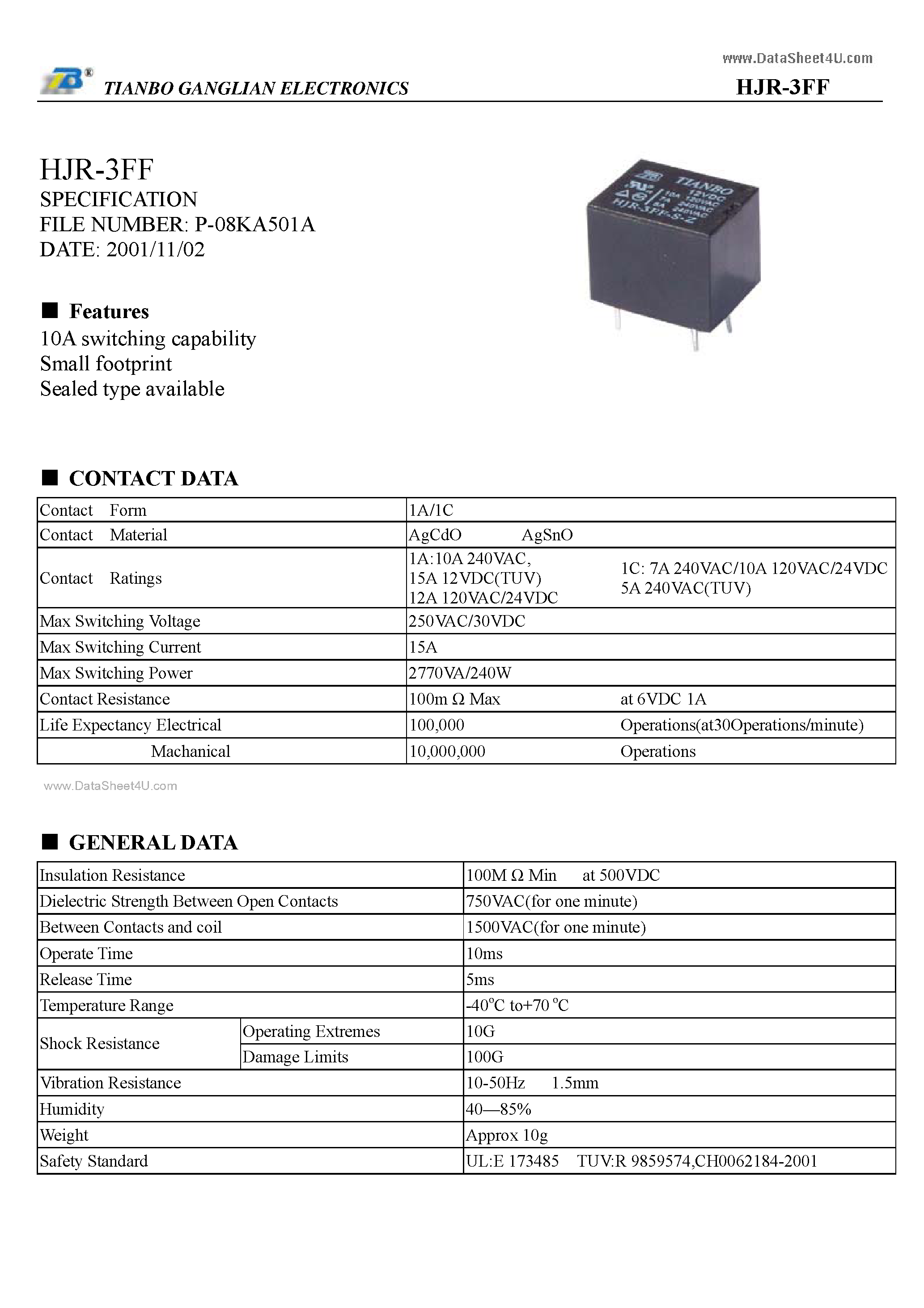 Datasheet HJR-3FF page 1 Datasheet HJR-3FF - 10A switching capability page 1