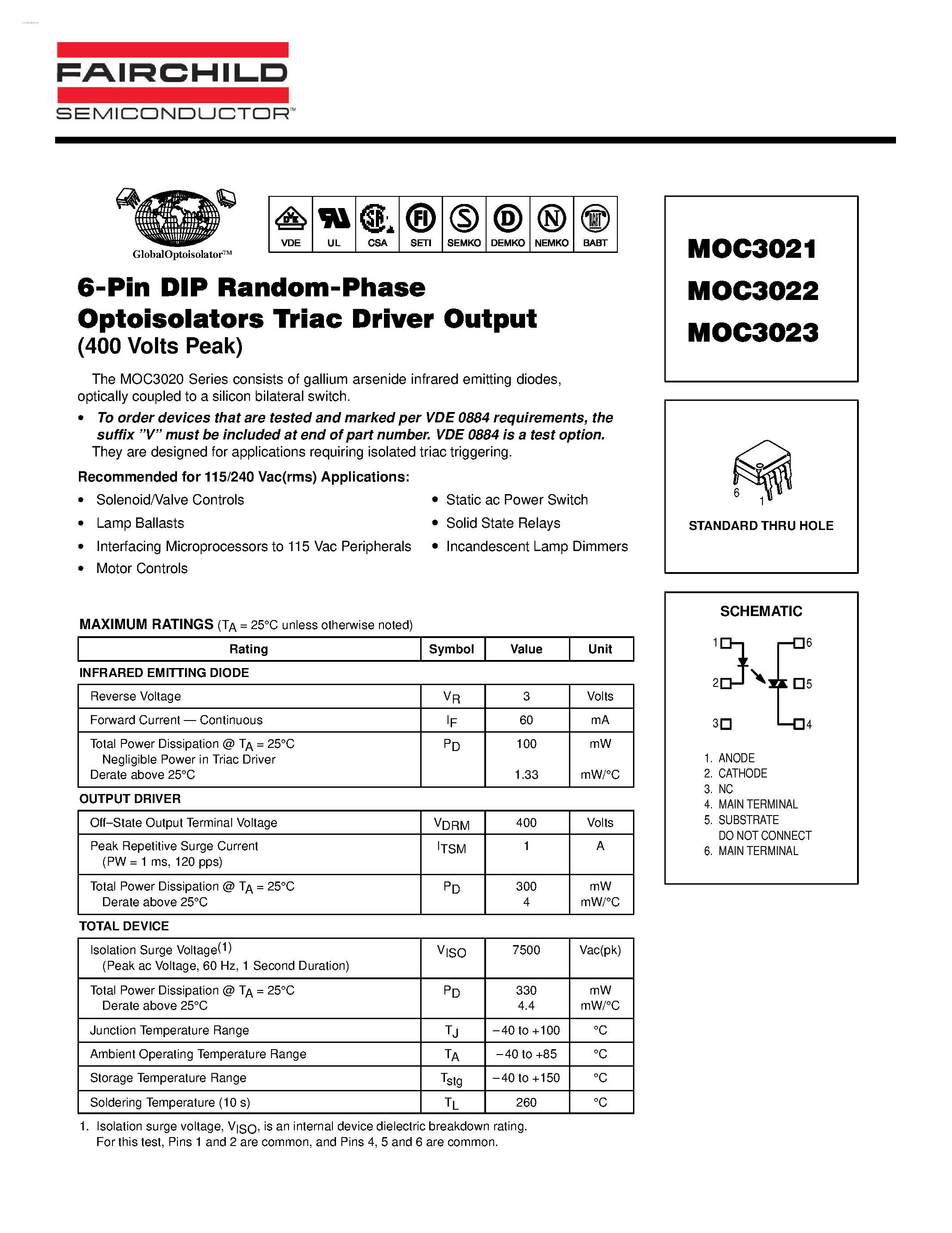 Datasheet MOC3021 page 1 Datasheet MOC3021 - (MOC3021 - MOC3023) 6-Pin DIP Random-phase Optoisolators Triac Driver Output page 1