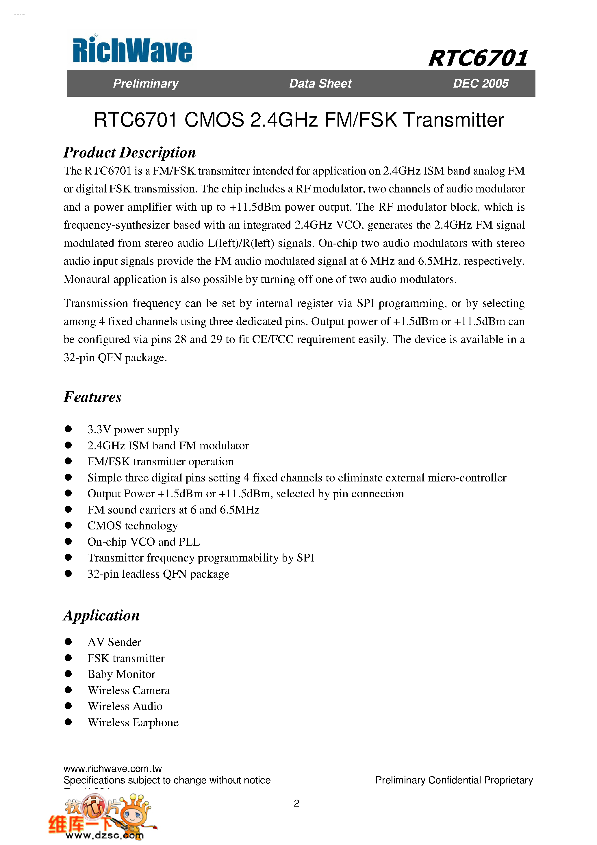Даташит на микросхему RTC6701 страница 2 Даташит RTC6701 - CMOS 2.4GHz FM/FSK Transmitter страница 2
