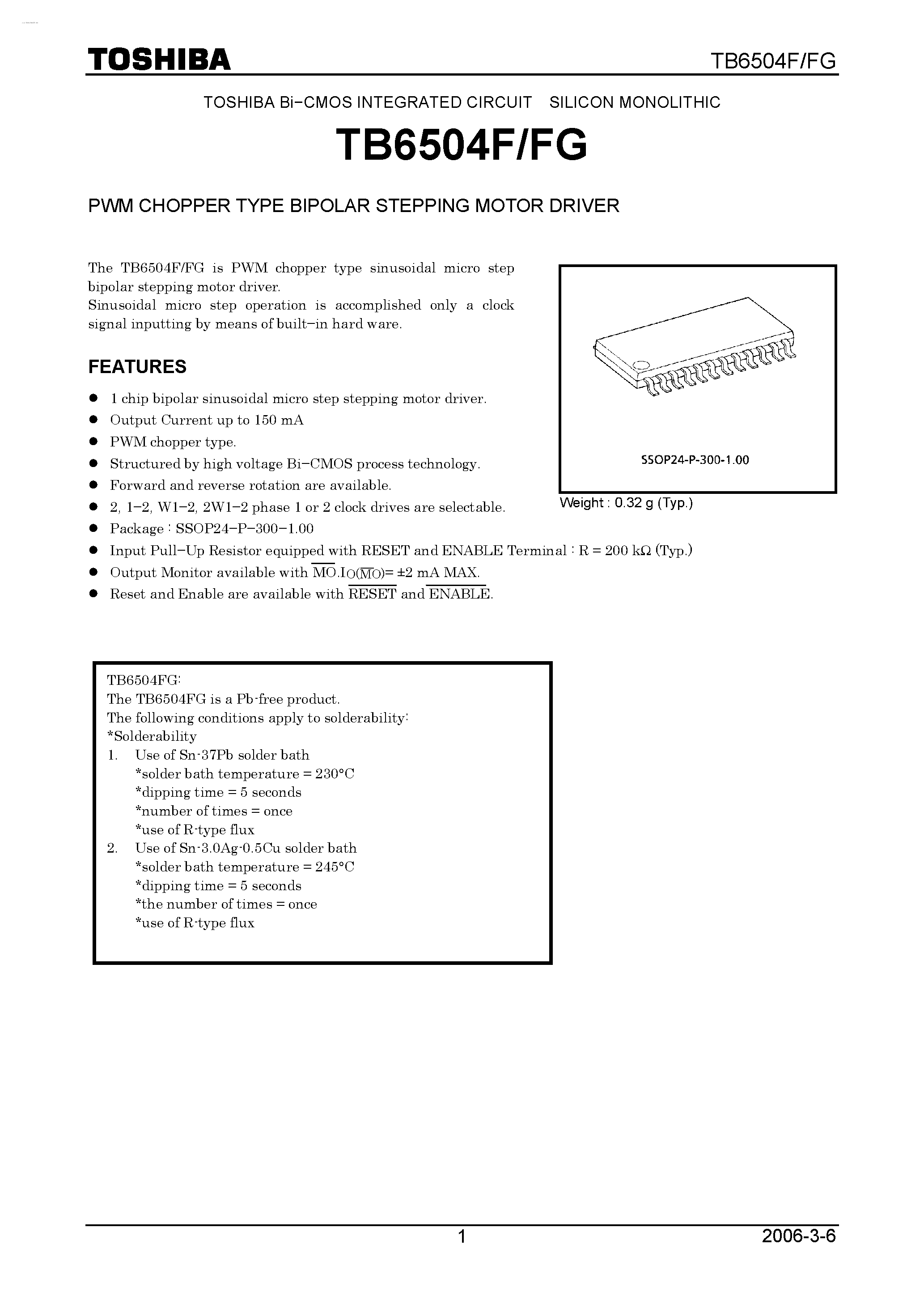 Даташит TB6504FG - PWM CHOPPER TYPE BIPOLAR STEPPING MOTOR DRIVER страница 1