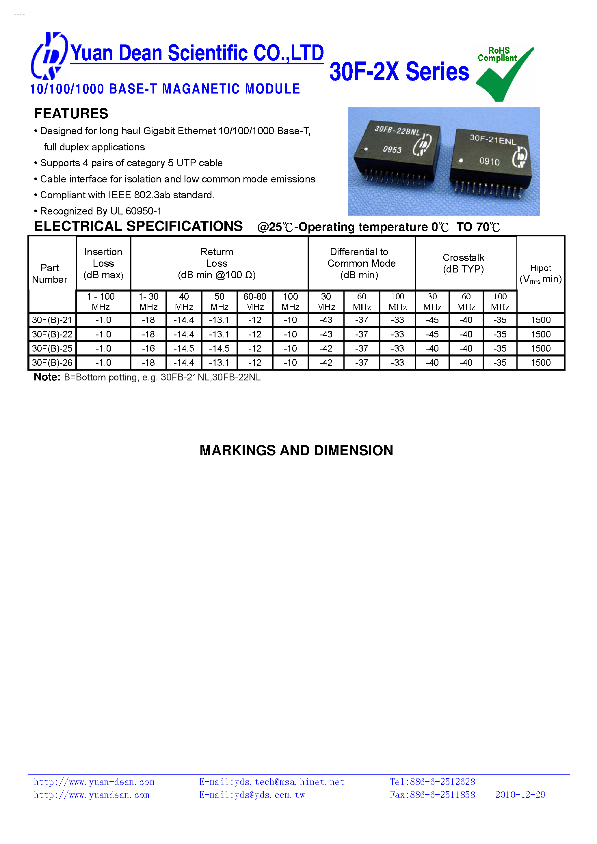 Datasheet 30F-21 - 10/100/1000 BASE-T MAGANETIC MODULE page 1
