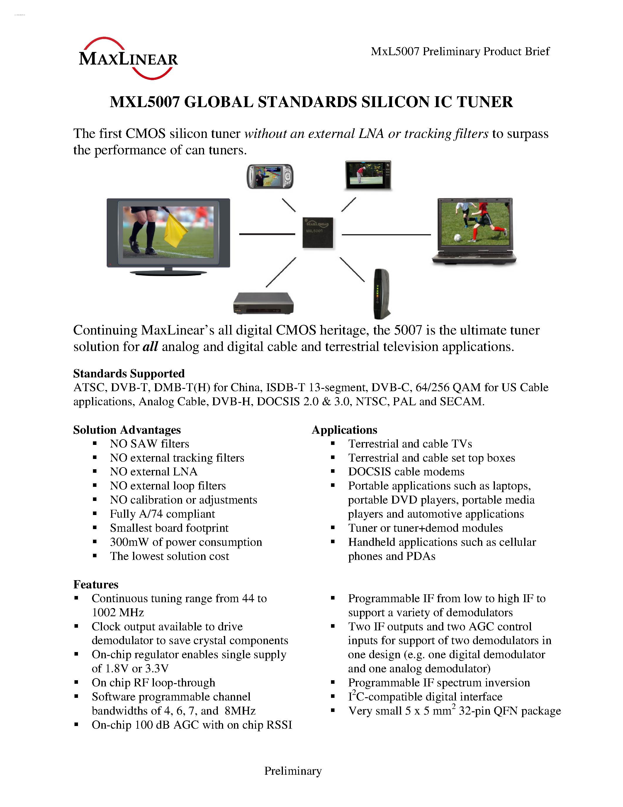 Даташит MXL5007 - GLOBAL STANDARDS SILICON IC TUNER страница 1