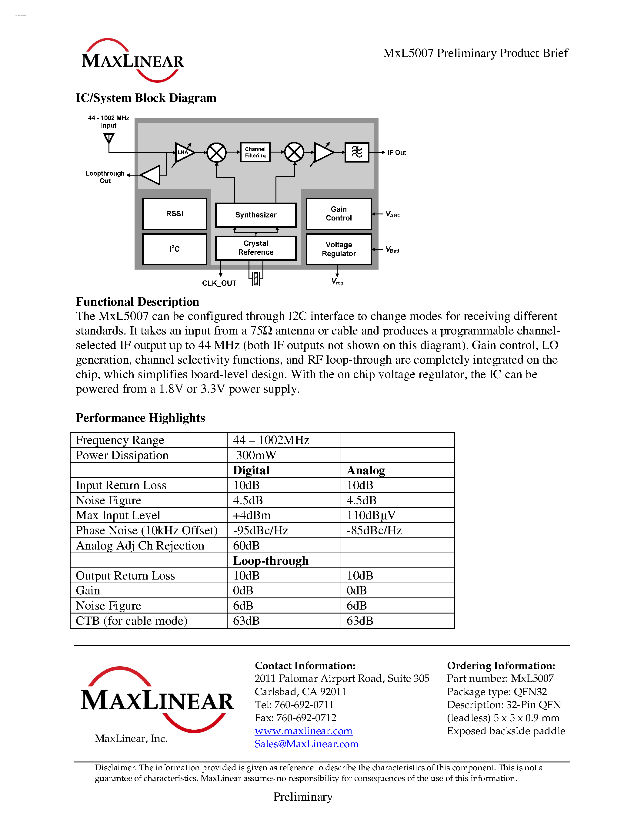 Даташит MXL5007 - GLOBAL STANDARDS SILICON IC TUNER страница 2