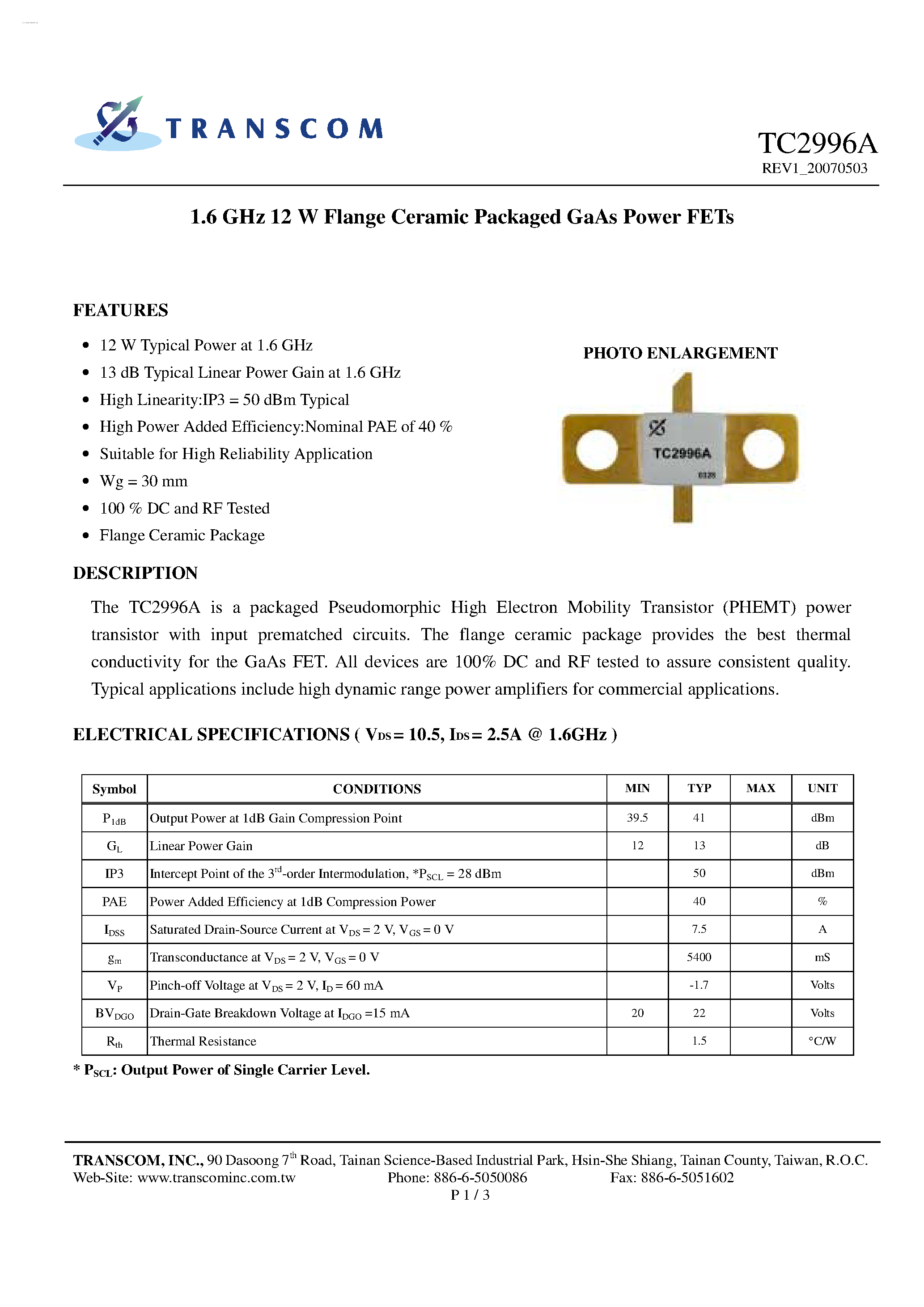 Datasheet TC2996A page 1 Datasheet TC2996A - GaAs Power FETs page 1