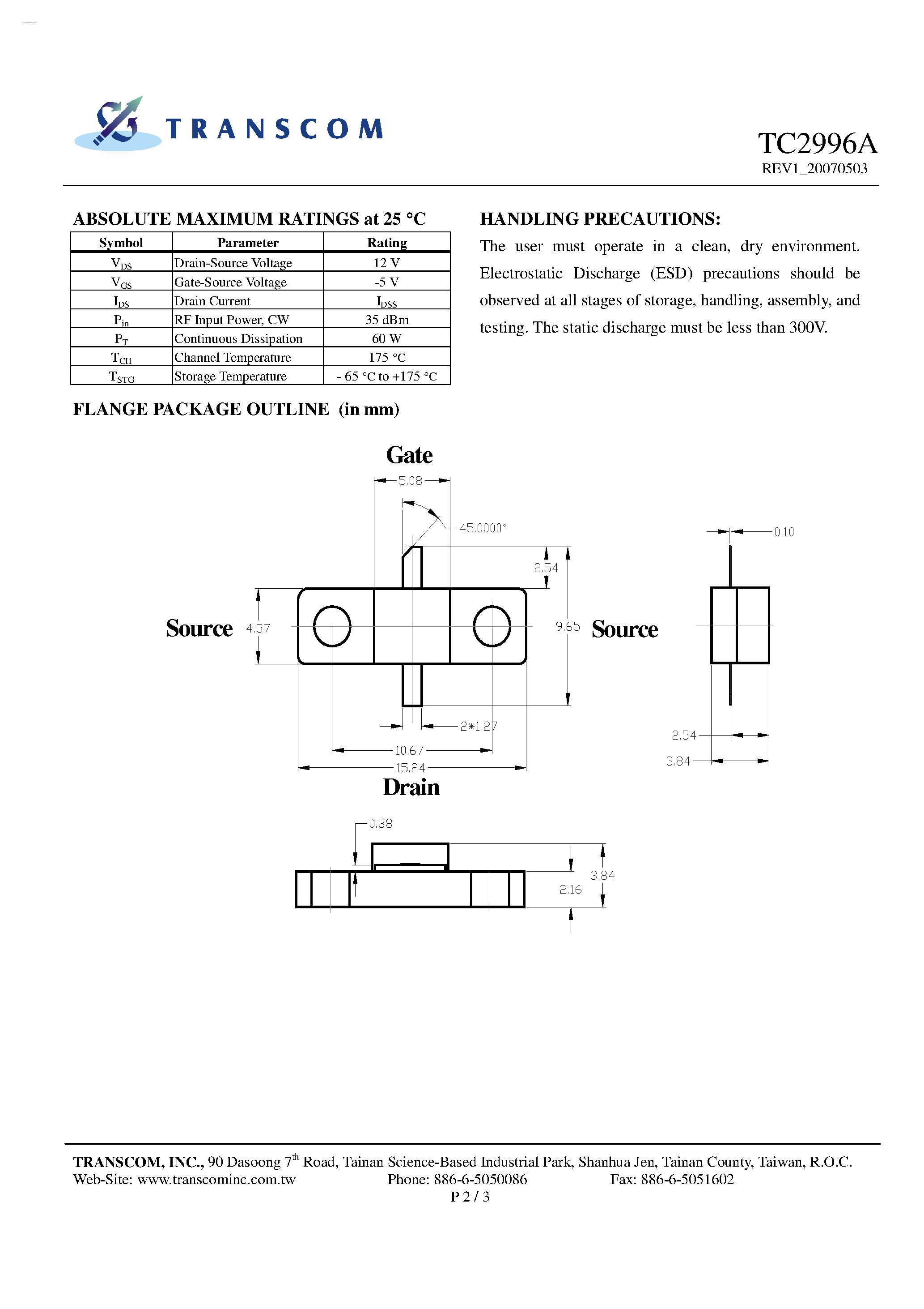 Datasheet TC2996A page 2 Datasheet TC2996A - GaAs Power FETs page 2