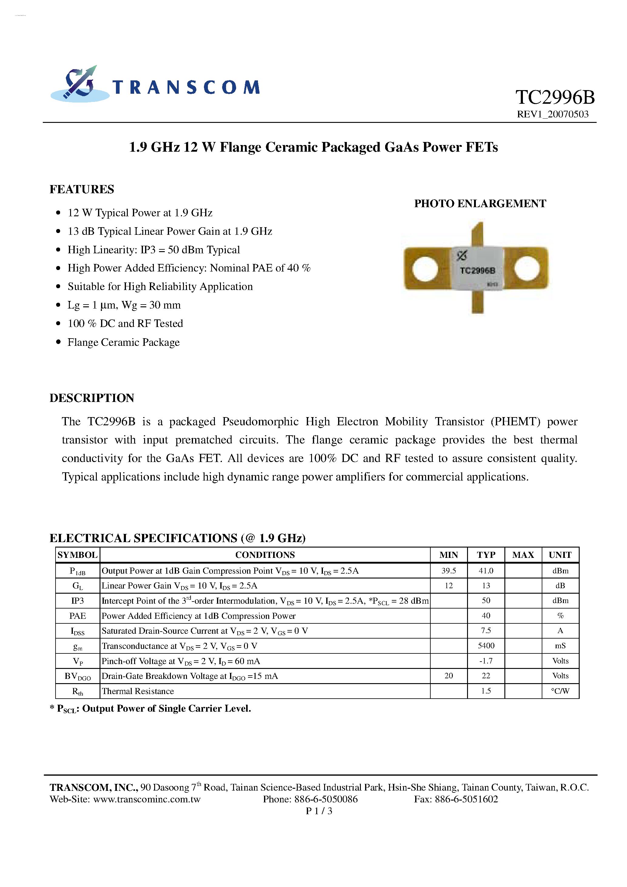 Datasheet TC2996B page 1 Datasheet TC2996B - GaAs Power FETs page 1