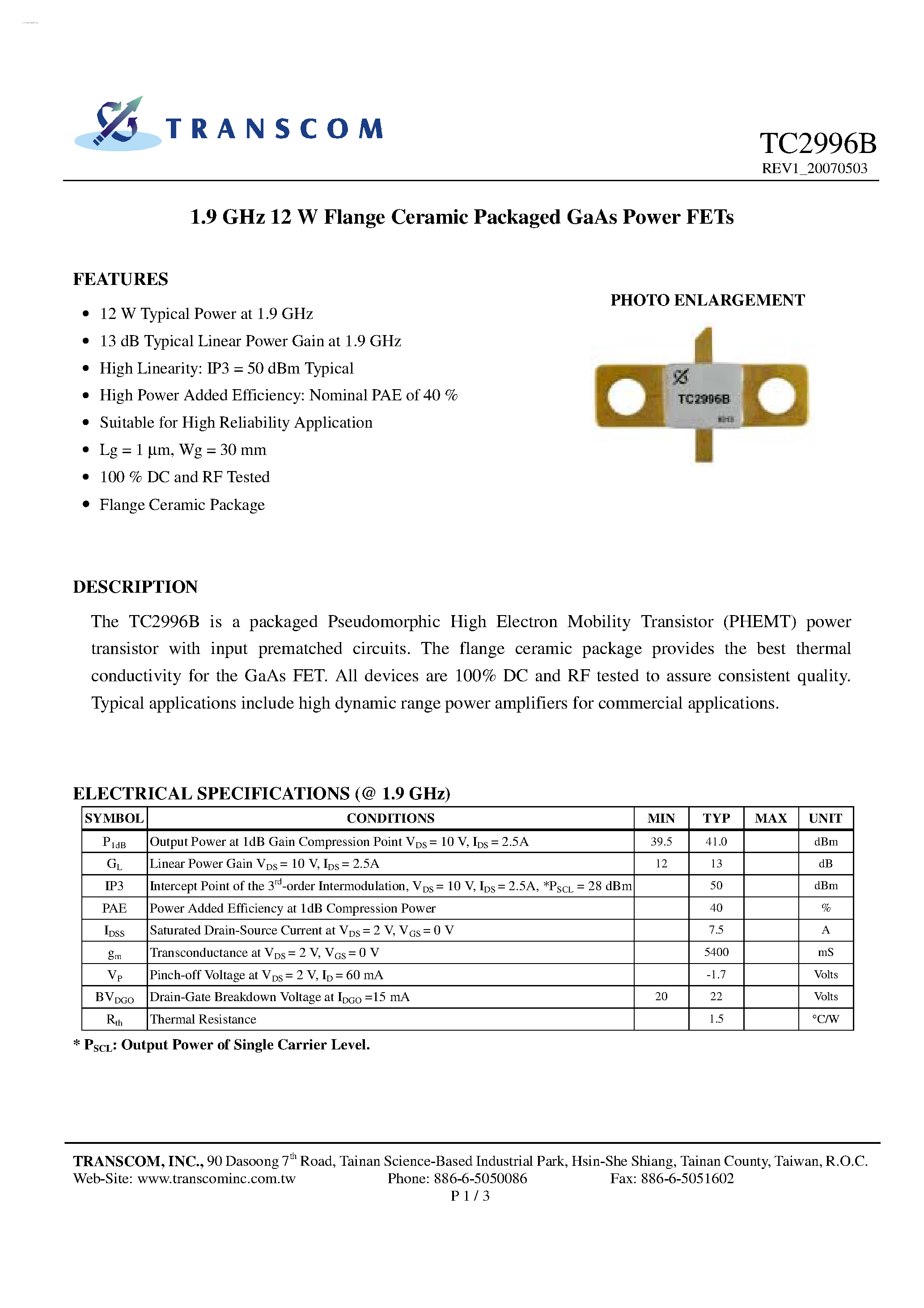 Datasheet TC2996B - GaAs Power FETs page 1