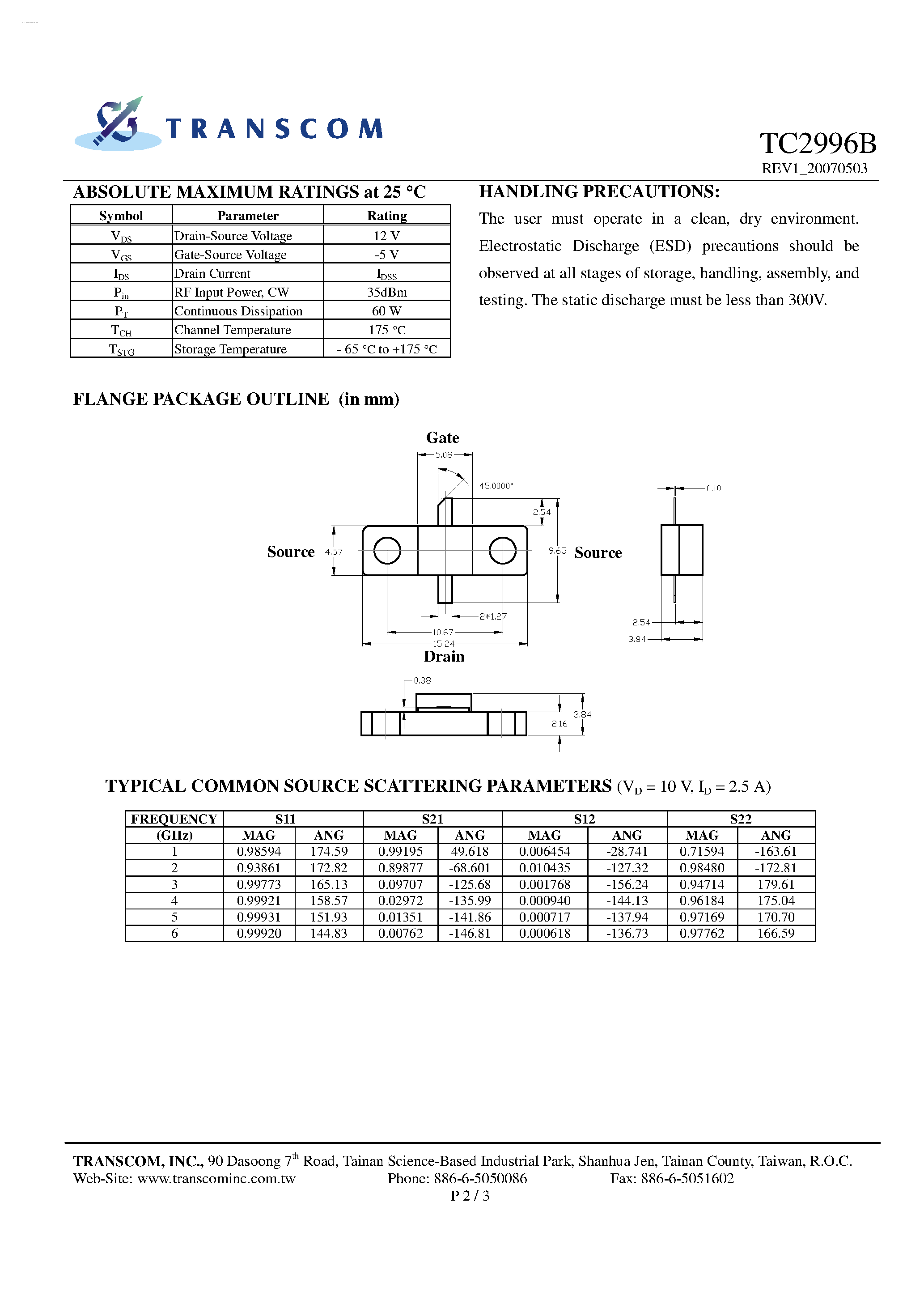 Datasheet TC2996B page 2 Datasheet TC2996B - GaAs Power FETs page 2