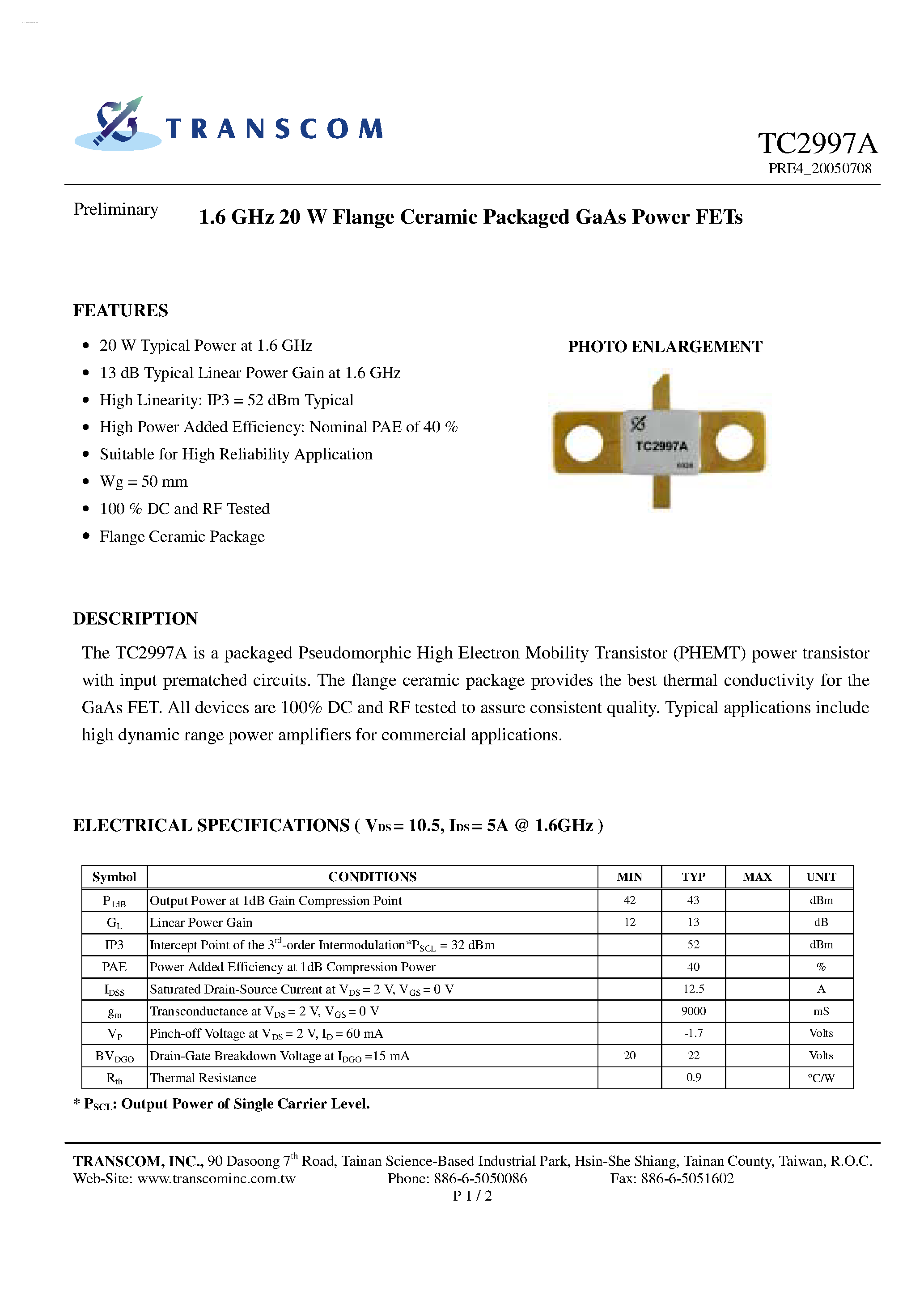 Datasheet TC2997A page 1 Datasheet TC2997A - GaAs Power FETs page 1