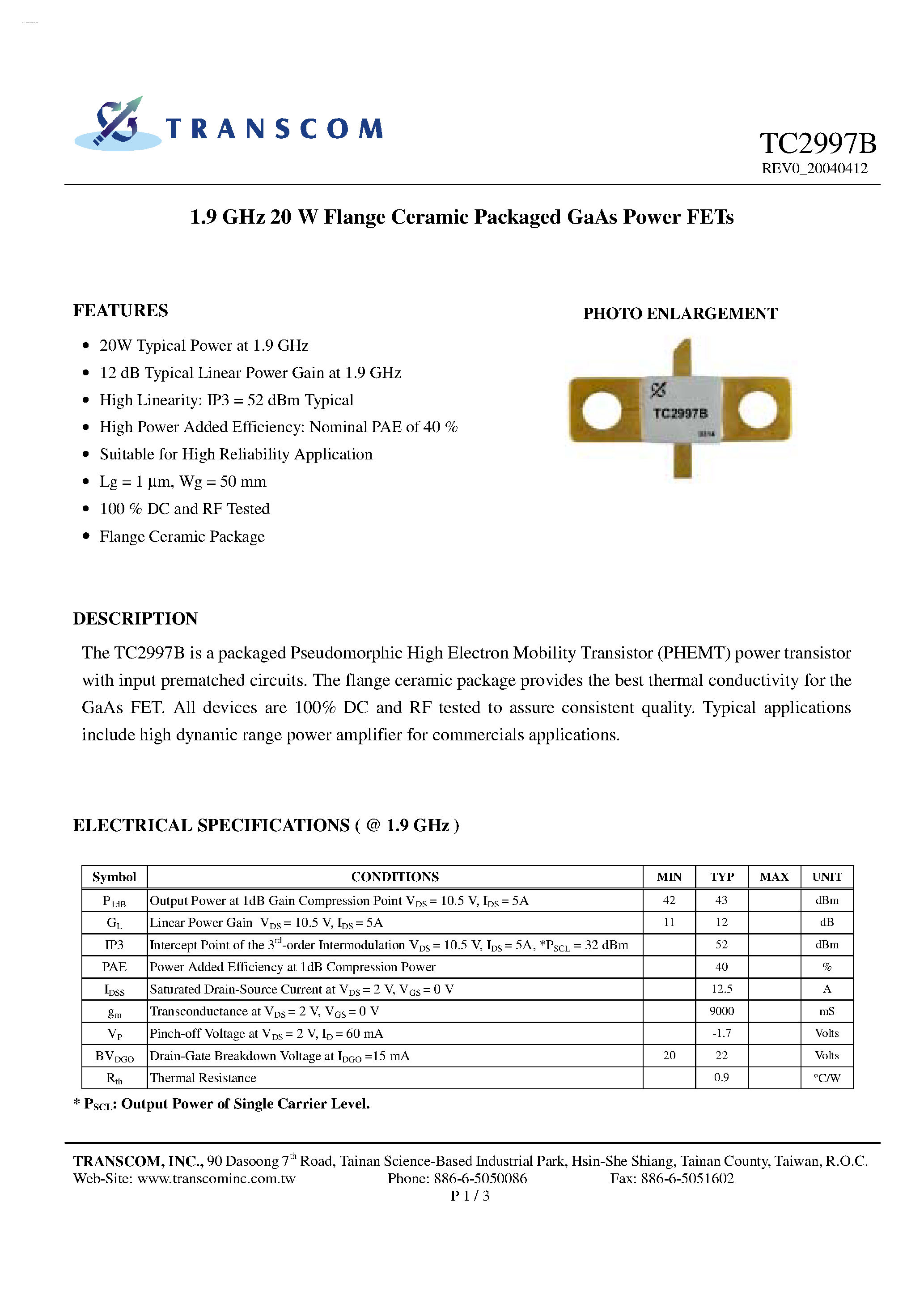 Datasheet TC2997B page 1 Datasheet TC2997B - GaAs Power FETs page 1
