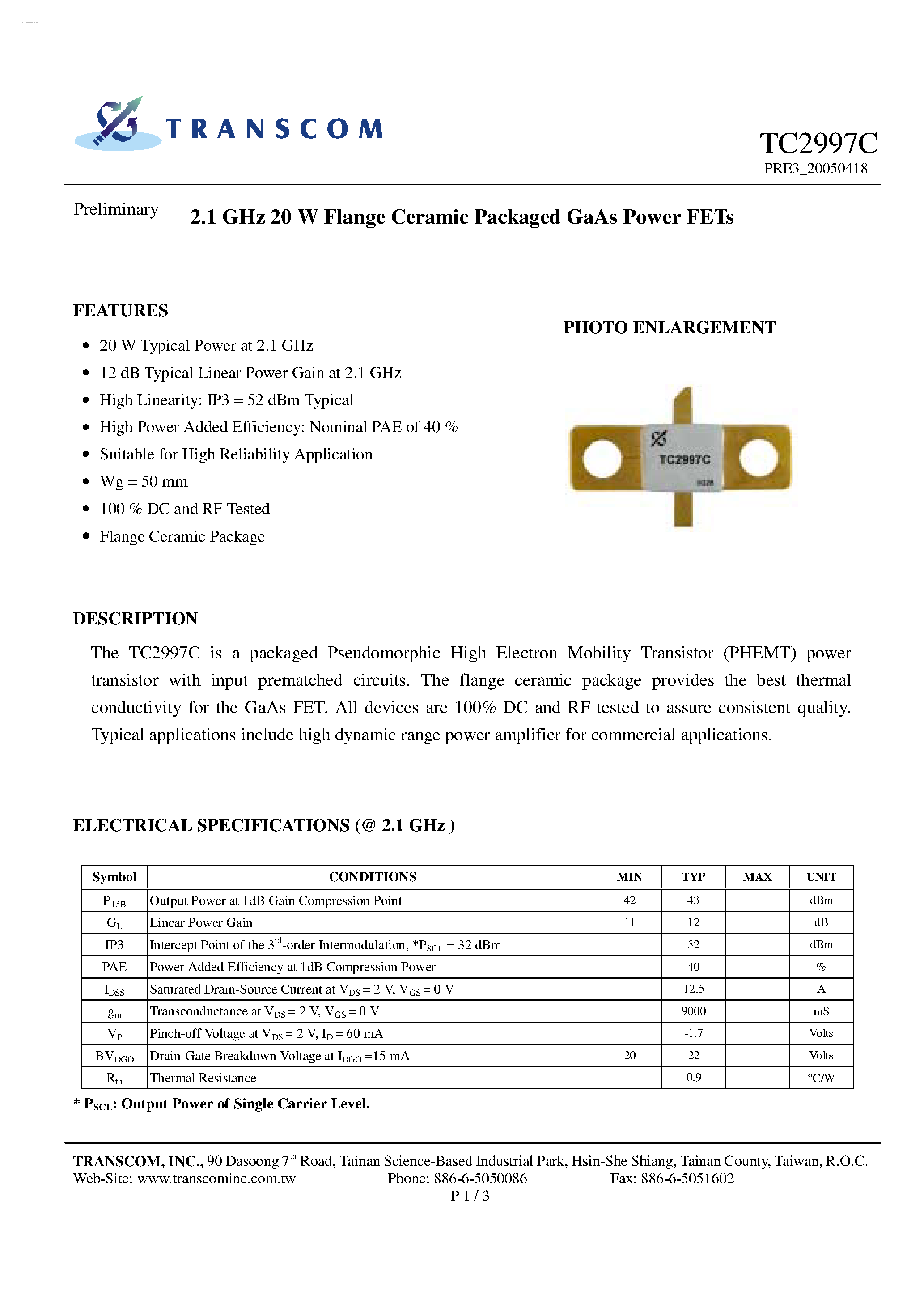 Datasheet TC2997C page 1 Datasheet TC2997C - GaAs Power FETs page 1