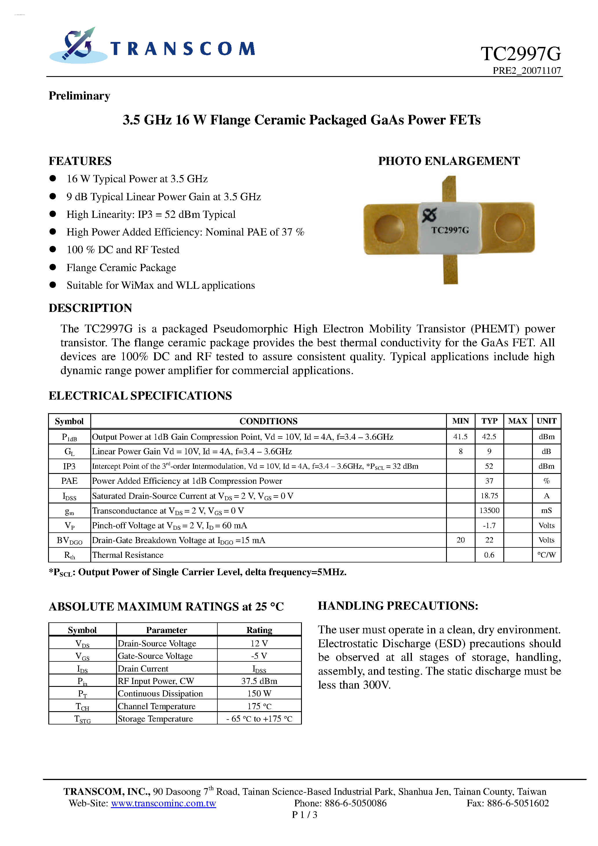 Datasheet TC2997G page 1 Datasheet TC2997G - GaAs Power FETs page 1