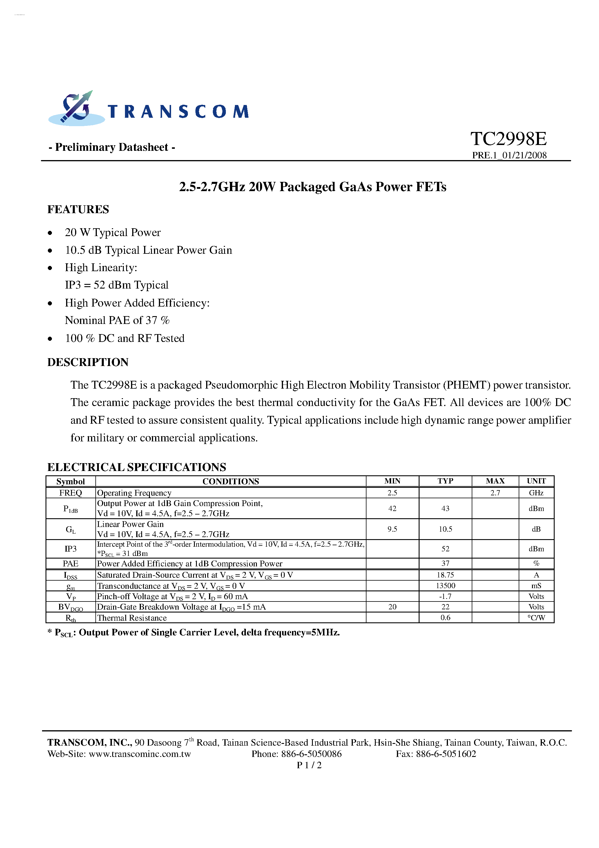 Datasheet TC2998E page 1 Datasheet TC2998E - GaAs Power FETs page 1