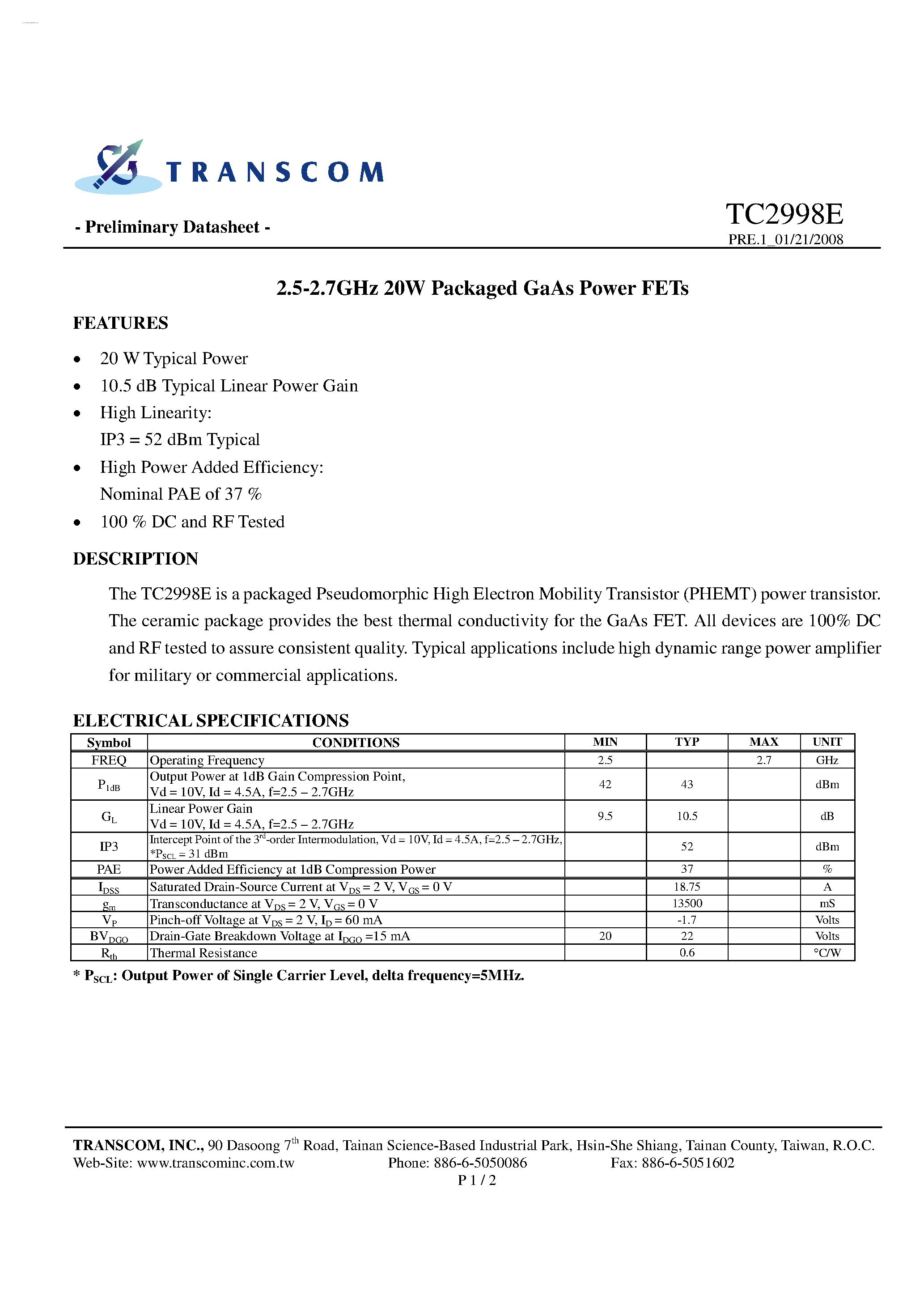 Datasheet TC2998E - GaAs Power FETs page 1