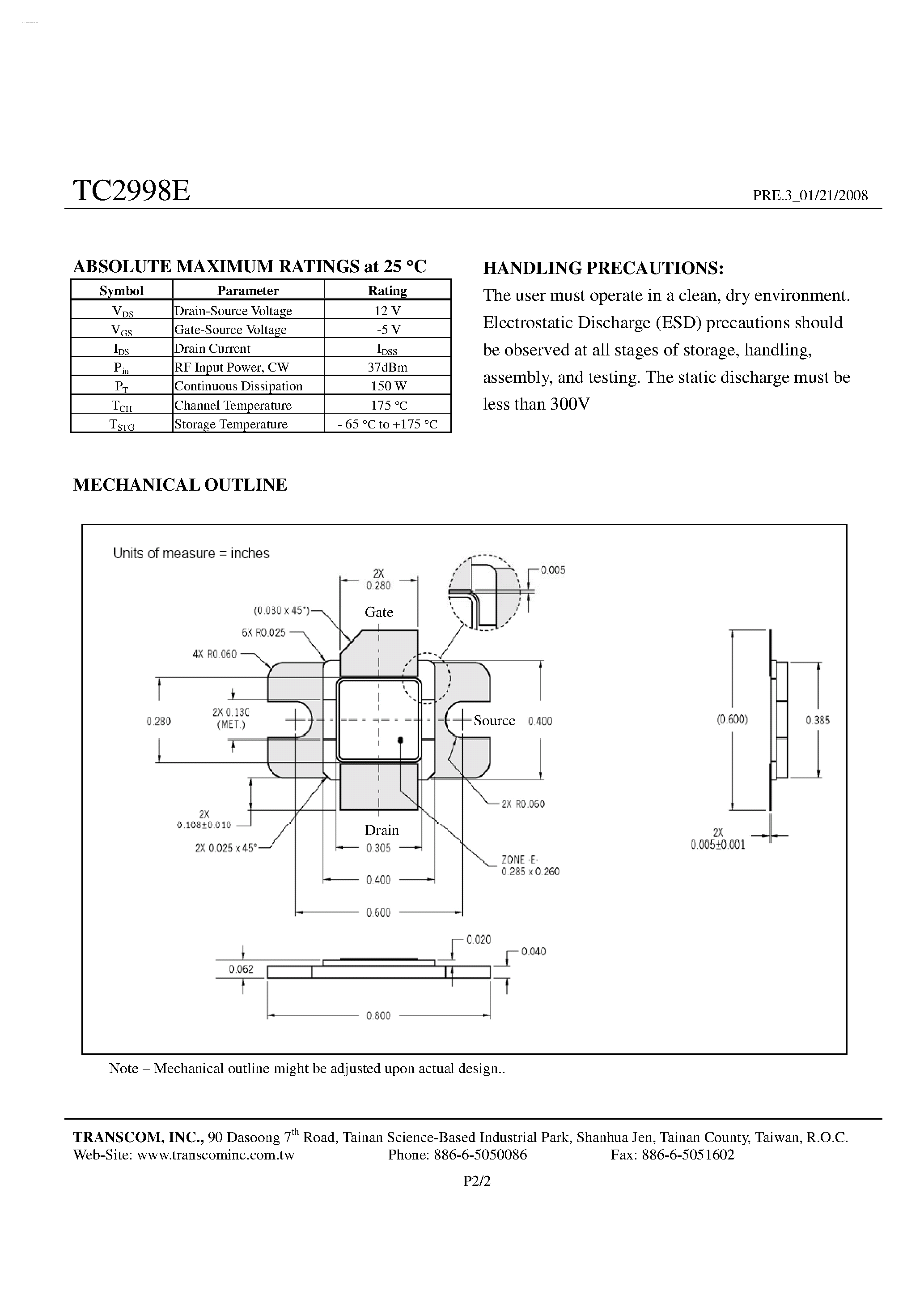 Datasheet TC2998E page 2 Datasheet TC2998E - GaAs Power FETs page 2
