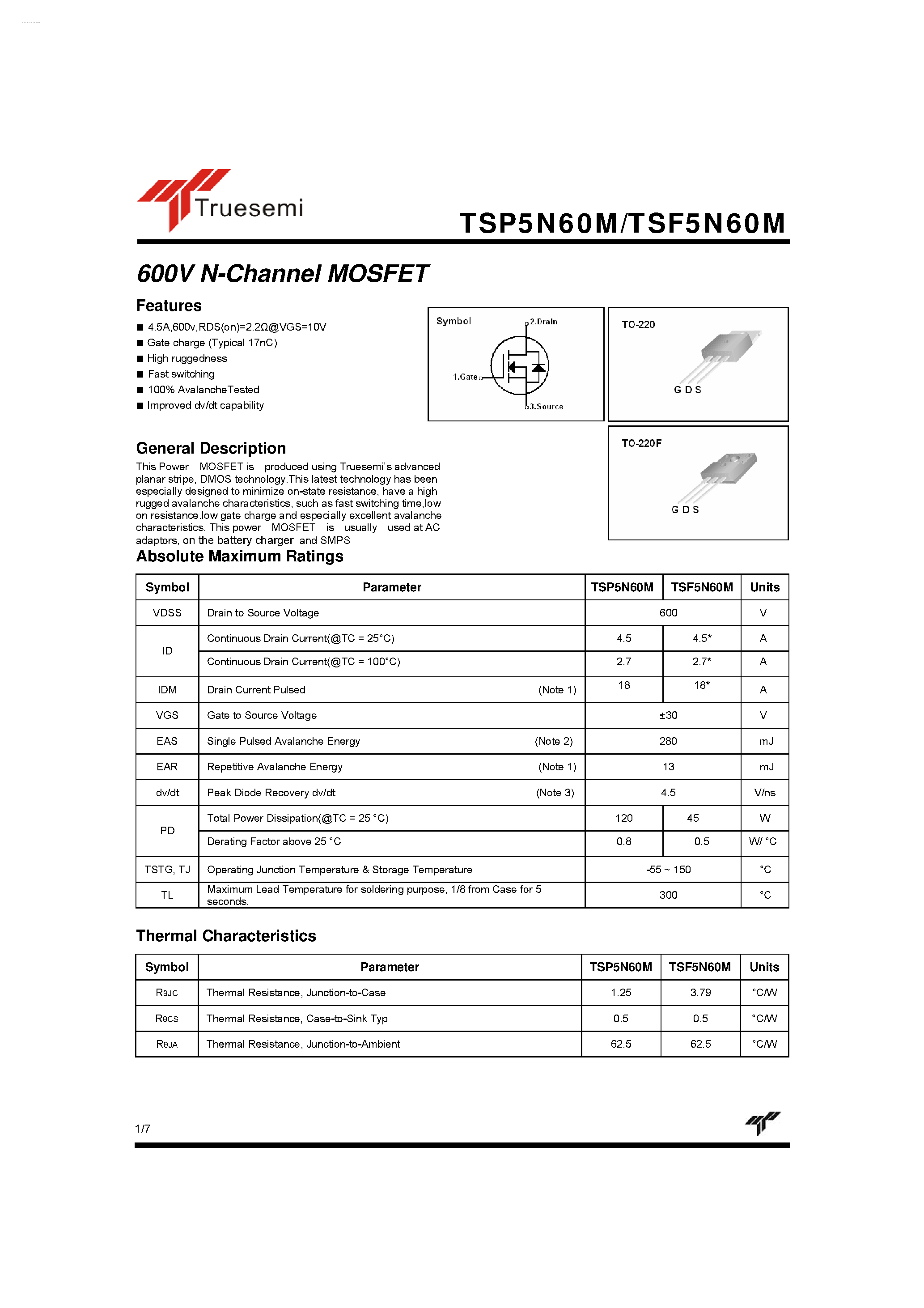 Datasheet TSP5N60M - 600V N-Channel MOSFET page 1