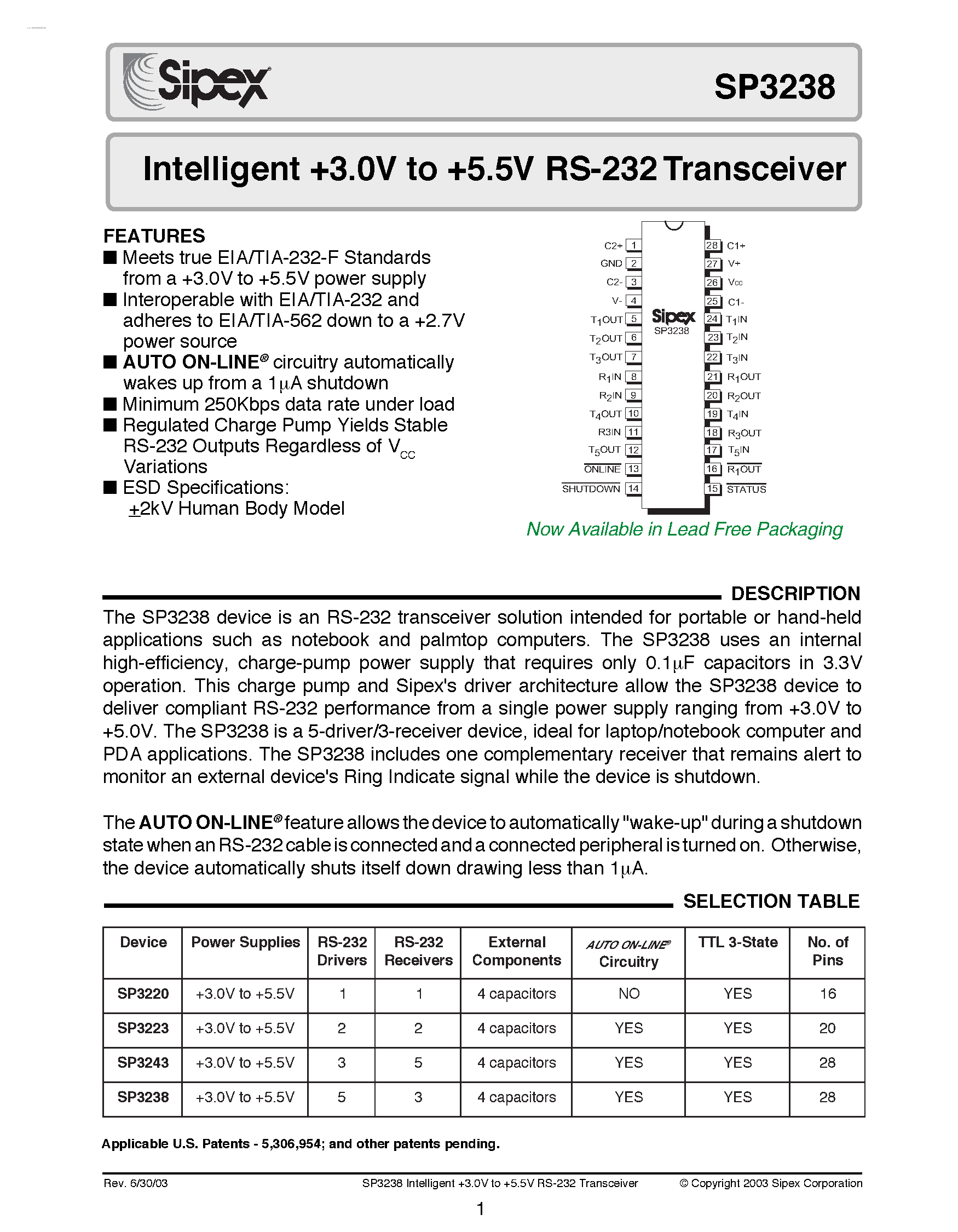 Datasheet SP3238 - Intelligent 3.0V to 5.5V RS-232 Transceiver page 1