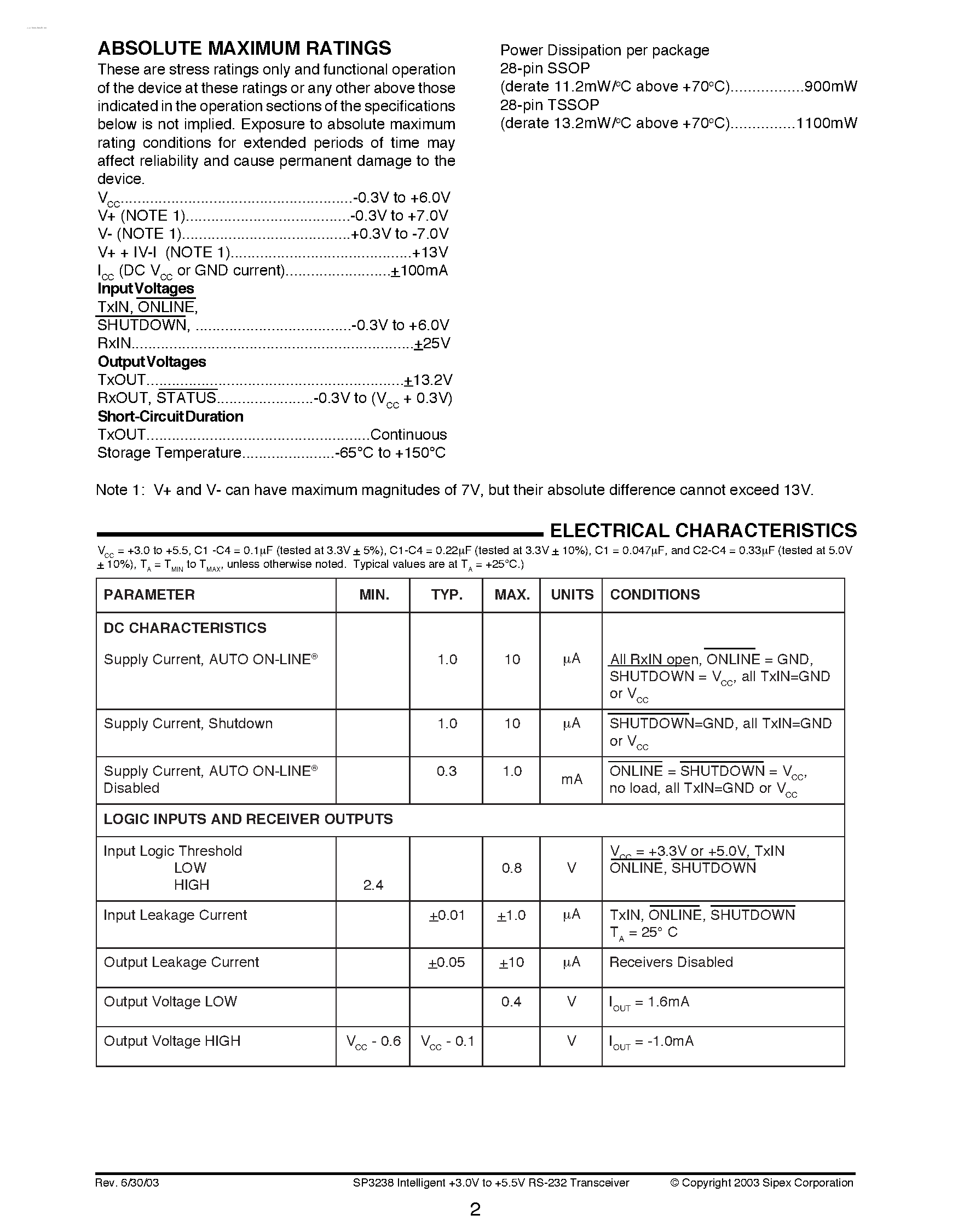 Datasheet SP3238 - Intelligent 3.0V to 5.5V RS-232 Transceiver page 2