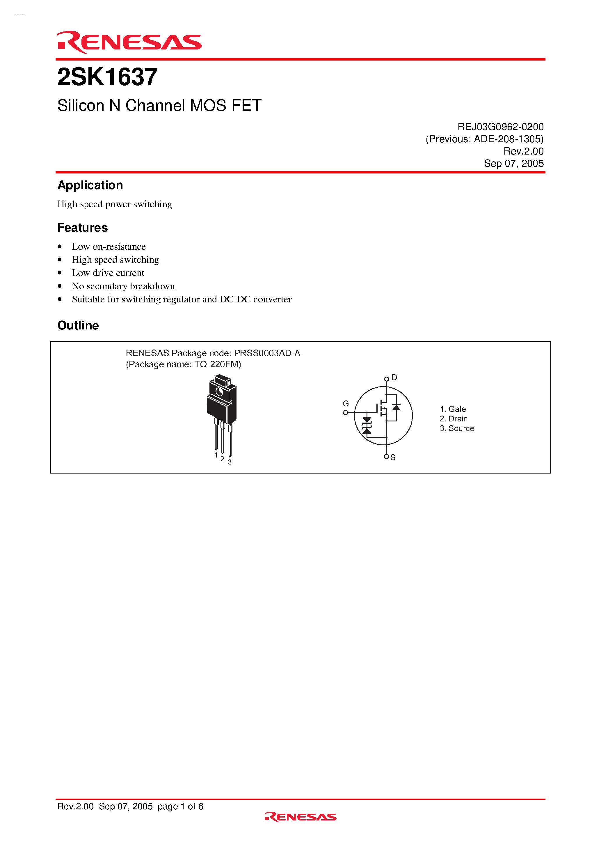 Datasheet K1637 - Search -----> 2SK1637 page 1
