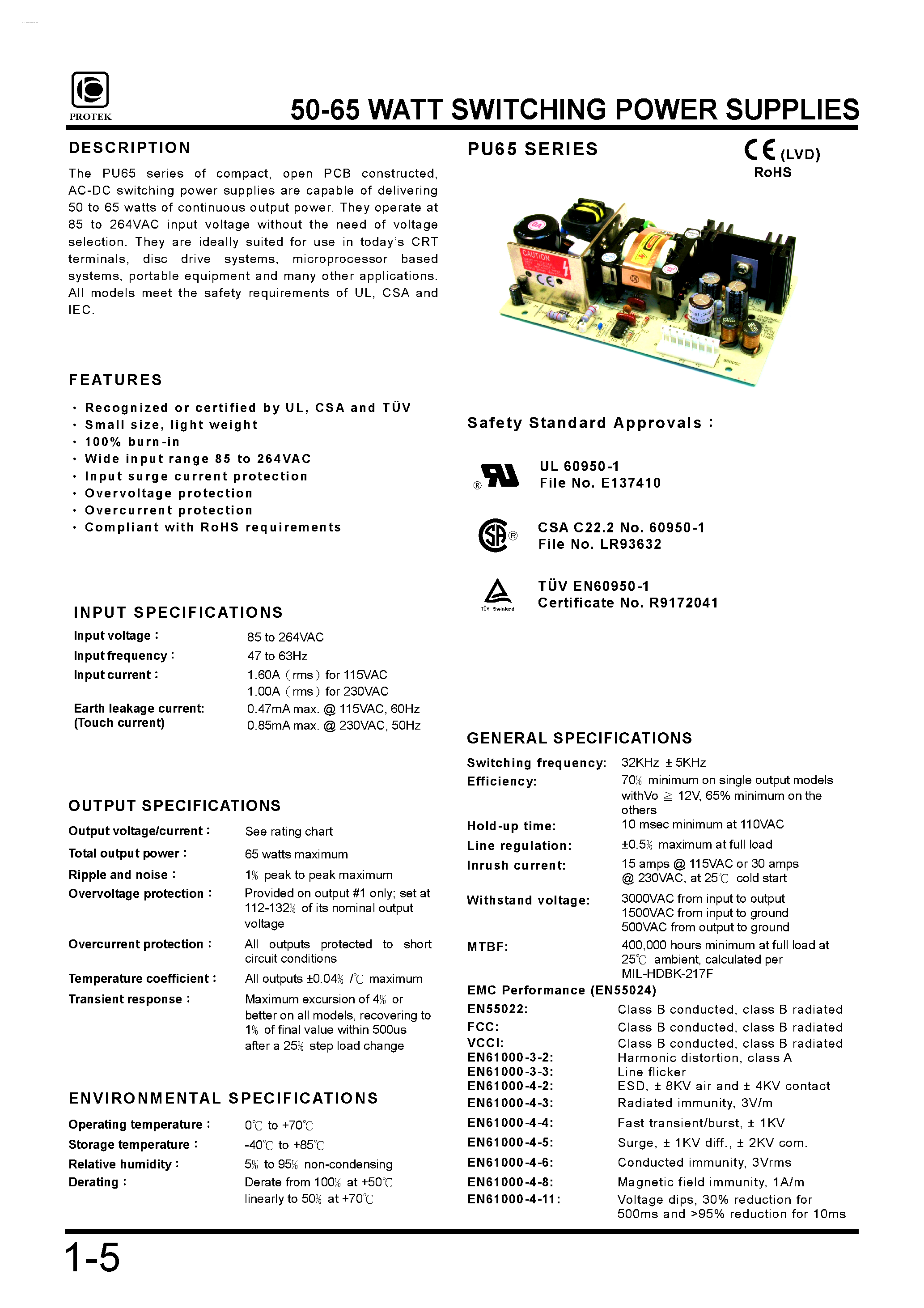 Datasheet PU65-10 - 65 WATT SWITCHING POWER SUPPLIES page 1