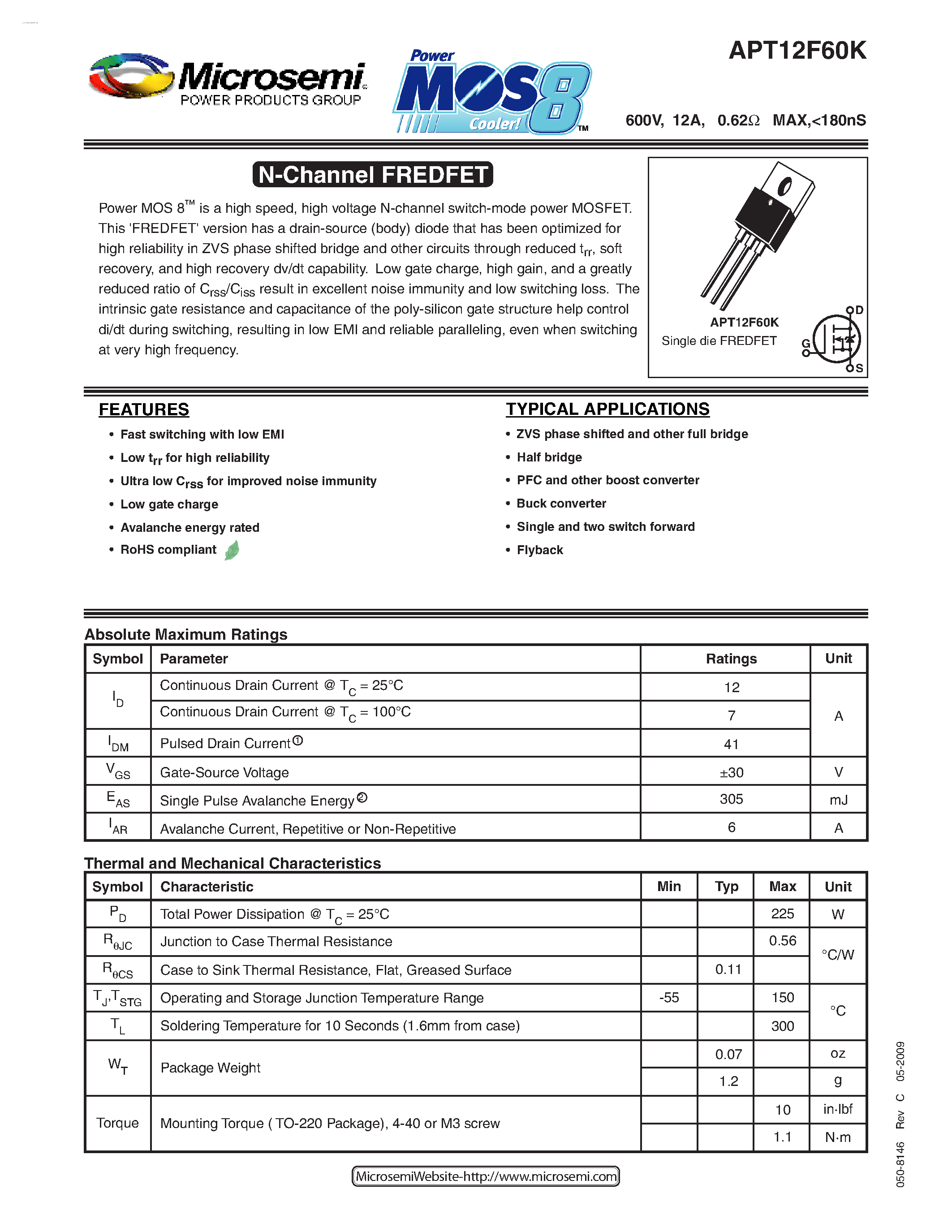 Datasheet APT12F60K - N-Channel FREDFET page 1