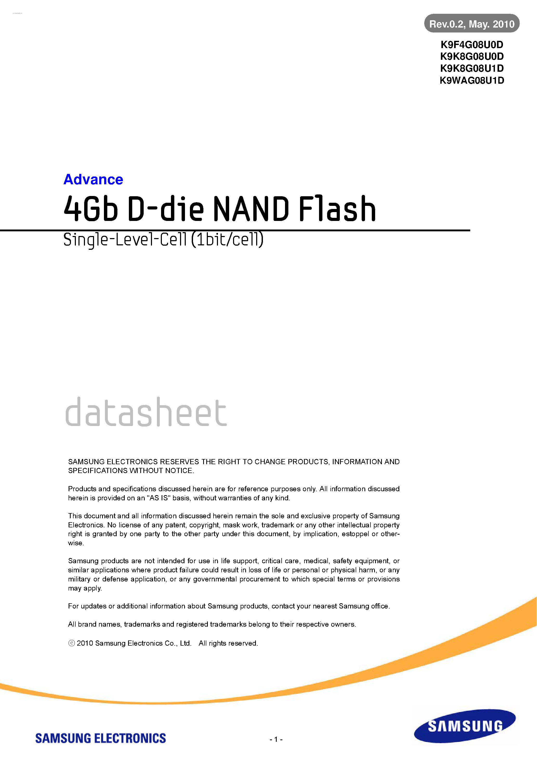 Даташит K9F4G08U0D - 4Gb D-die NAND Flash страница 1