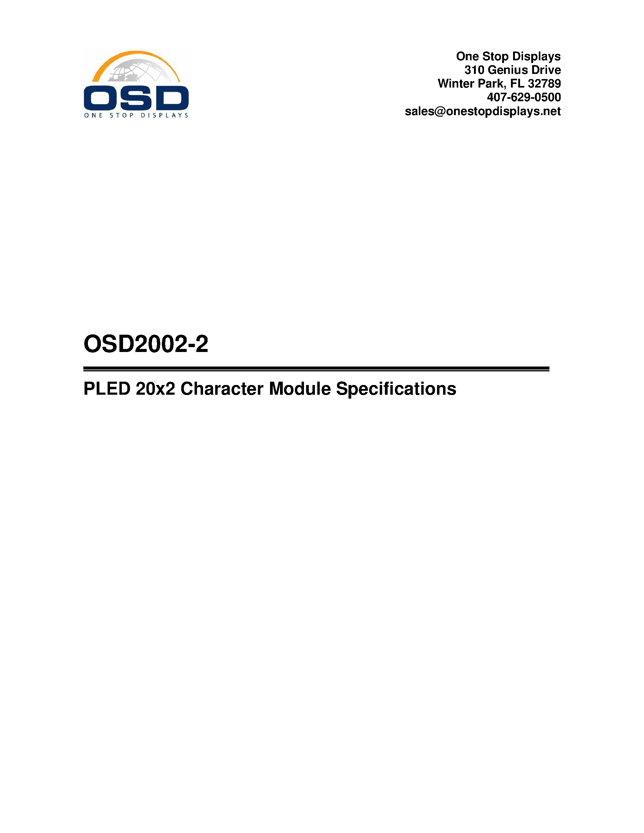 Datasheet OSD2002-2 - PLED 20x2 Character Module Specifications page 1