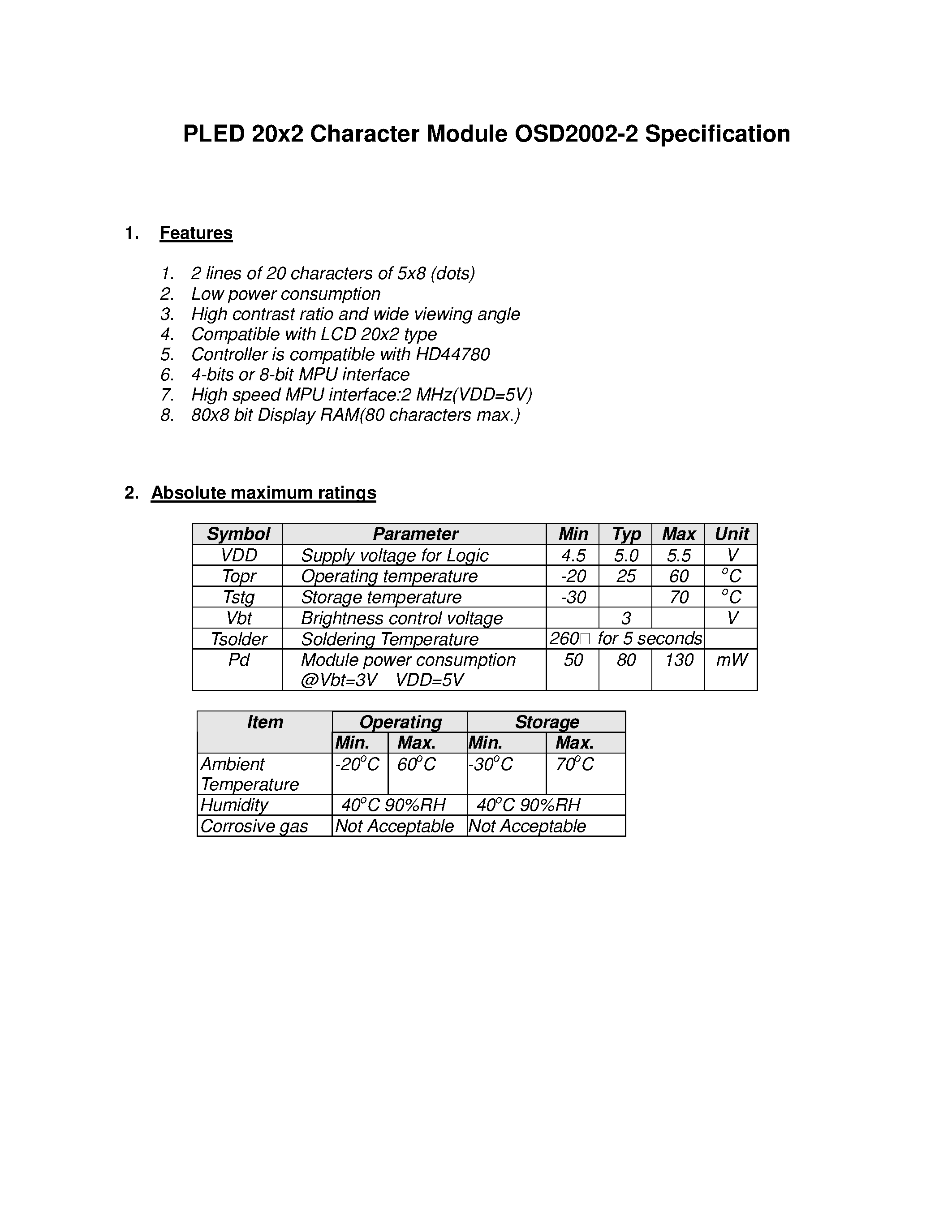 Datasheet OSD2002-2 - PLED 20x2 Character Module Specifications page 2