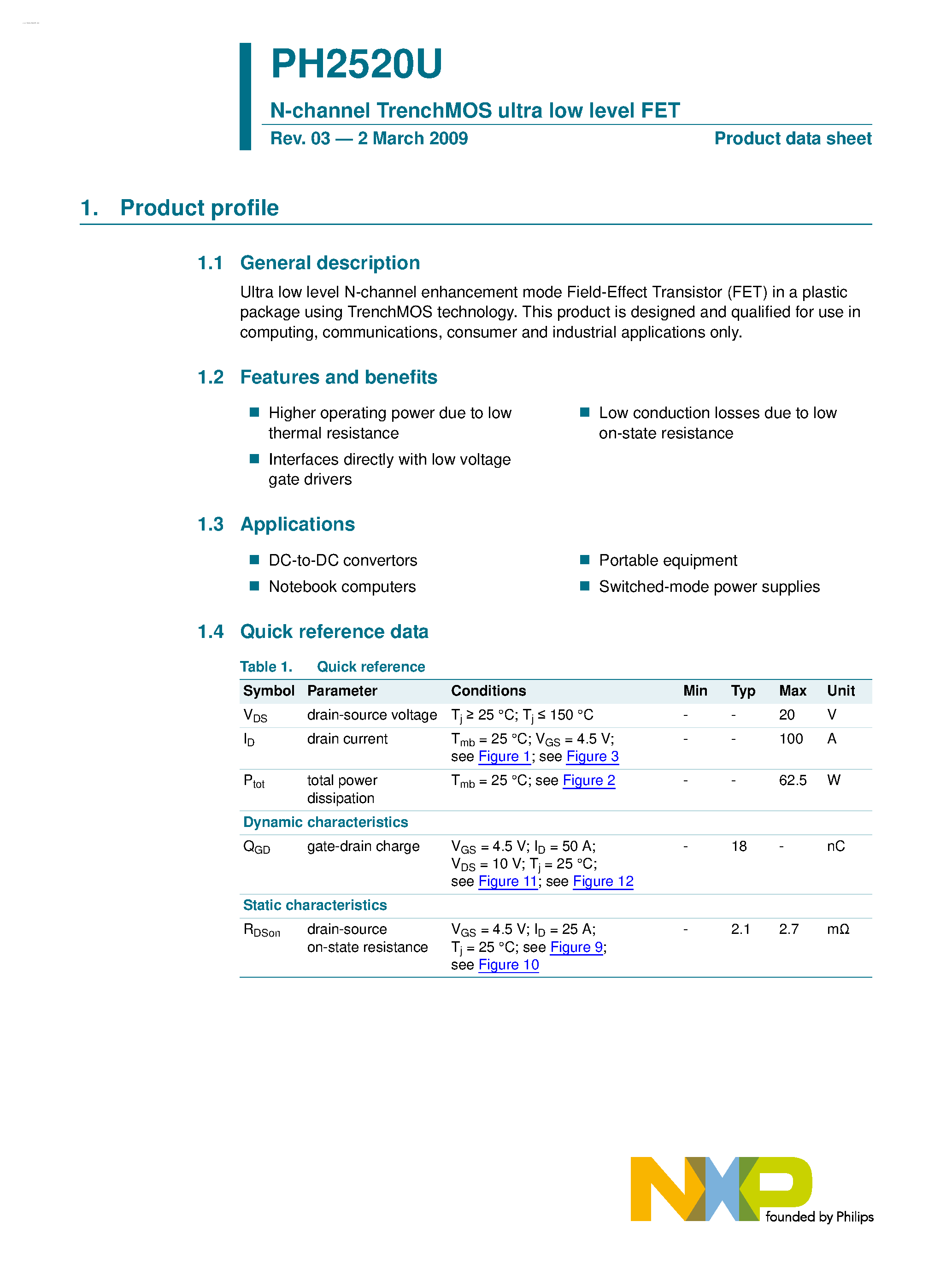 Datasheet PH2520U - N-channel TrenchMOS ultra low level FET page 1
