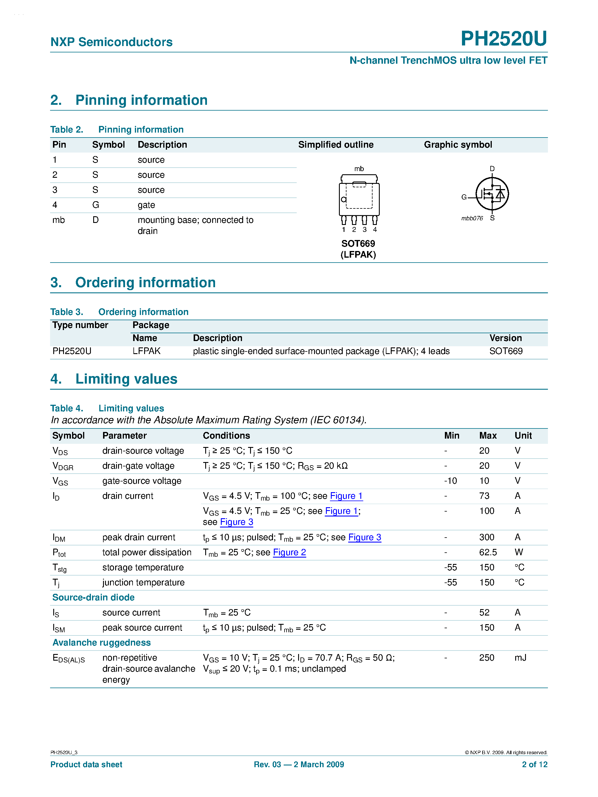 Datasheet PH2520U - N-channel TrenchMOS ultra low level FET page 2