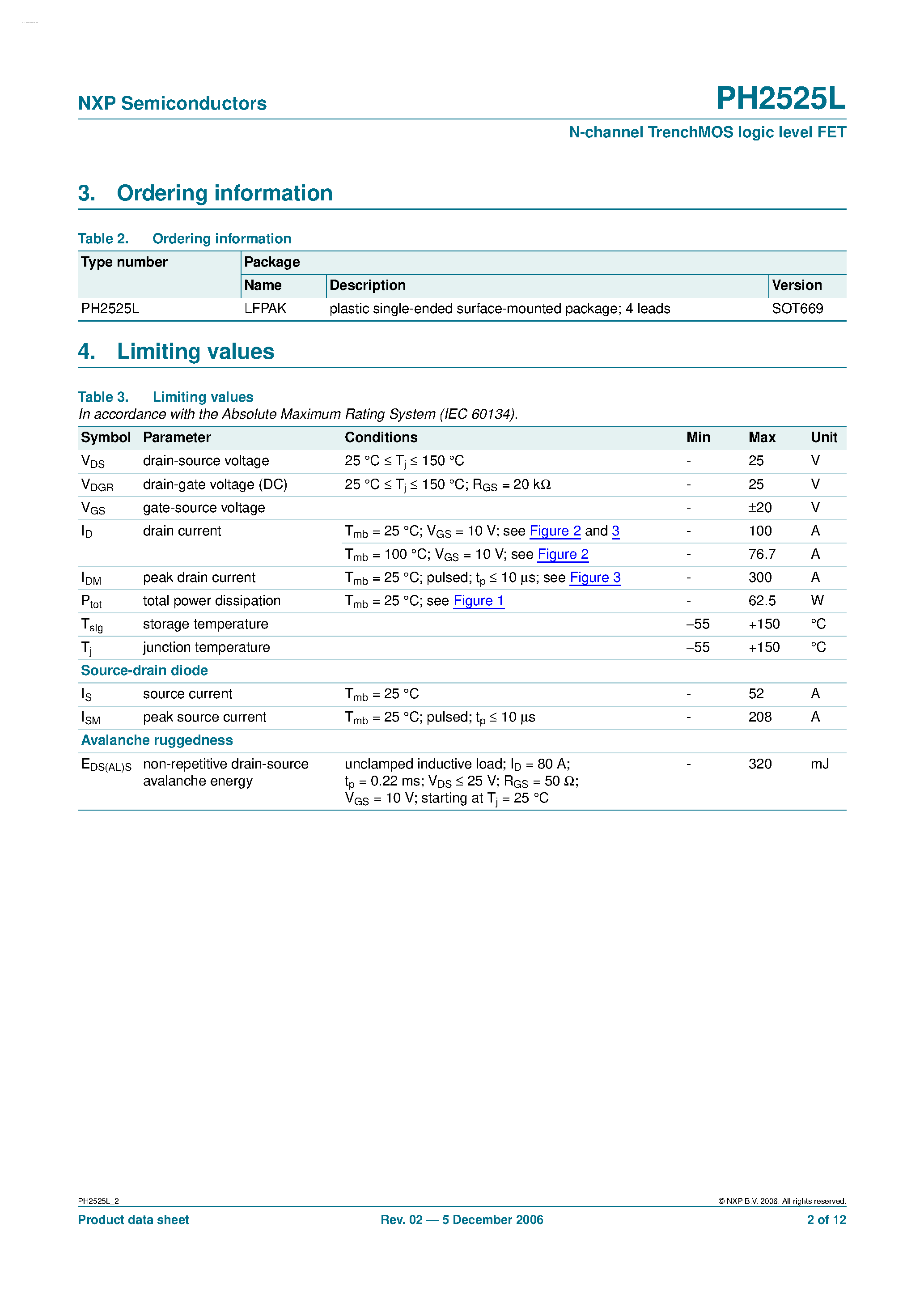 Datasheet PH2525L - N-channel TrenchMOS ultra low level FET page 2