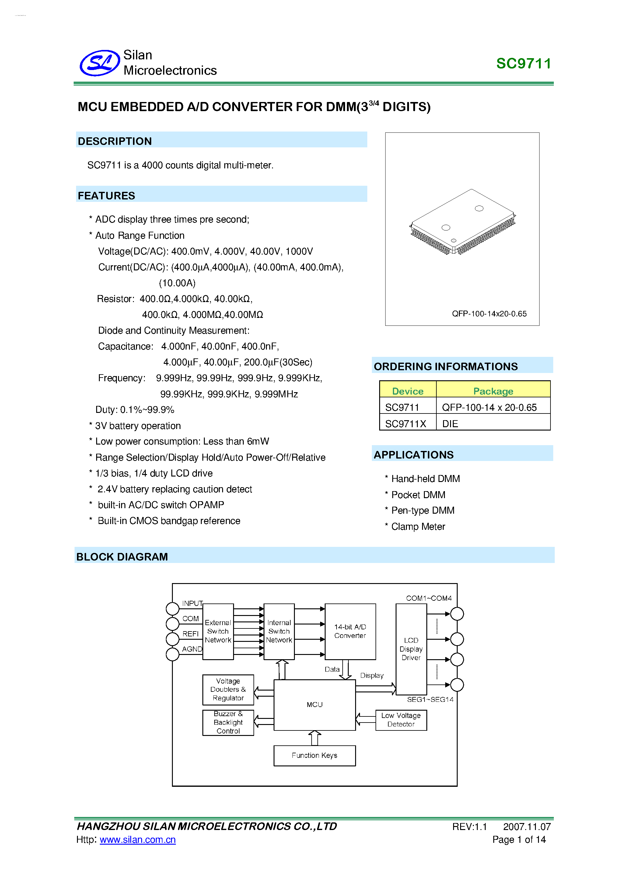 Даташит SC9711 - MCU EMBEDDED A/D CONVERTER страница 1