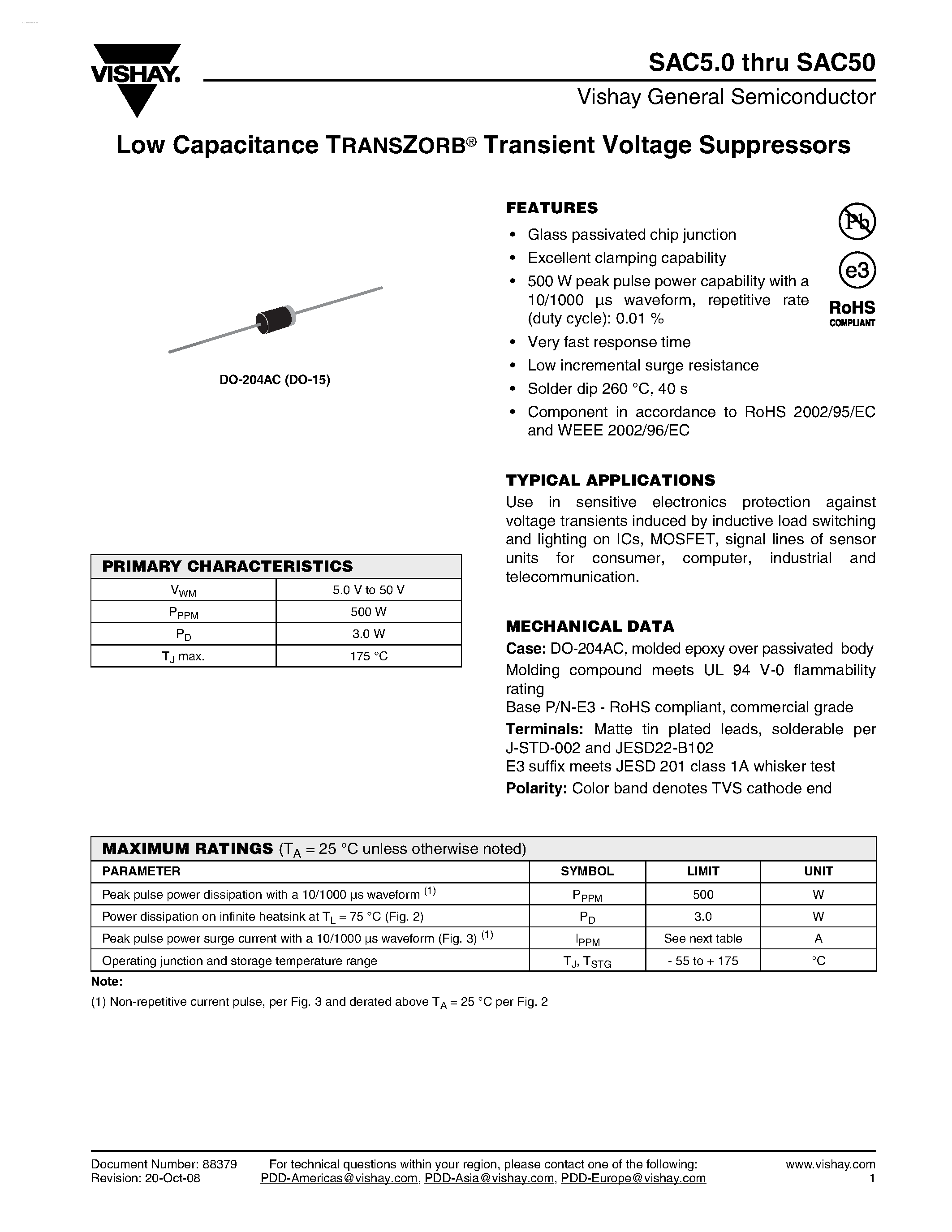 Datasheet SAC10 page 1 Datasheet SAC10 - Low Capacitance TRANSZORB Transient Voltage Suppressors page 1