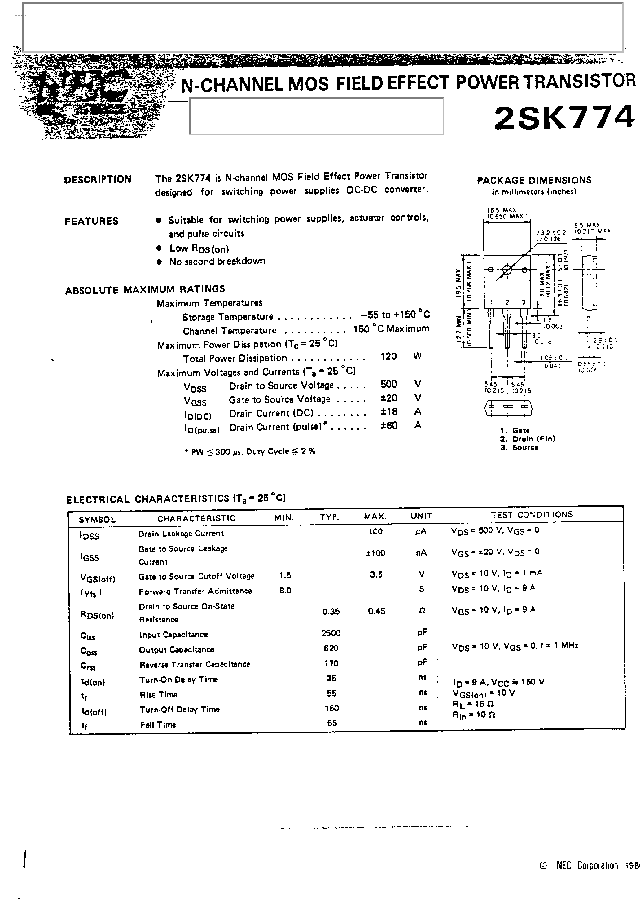 Datasheet 2SK774 - N-CHANNEL MOS FIELD EFFECT TRANSISTOR page 1