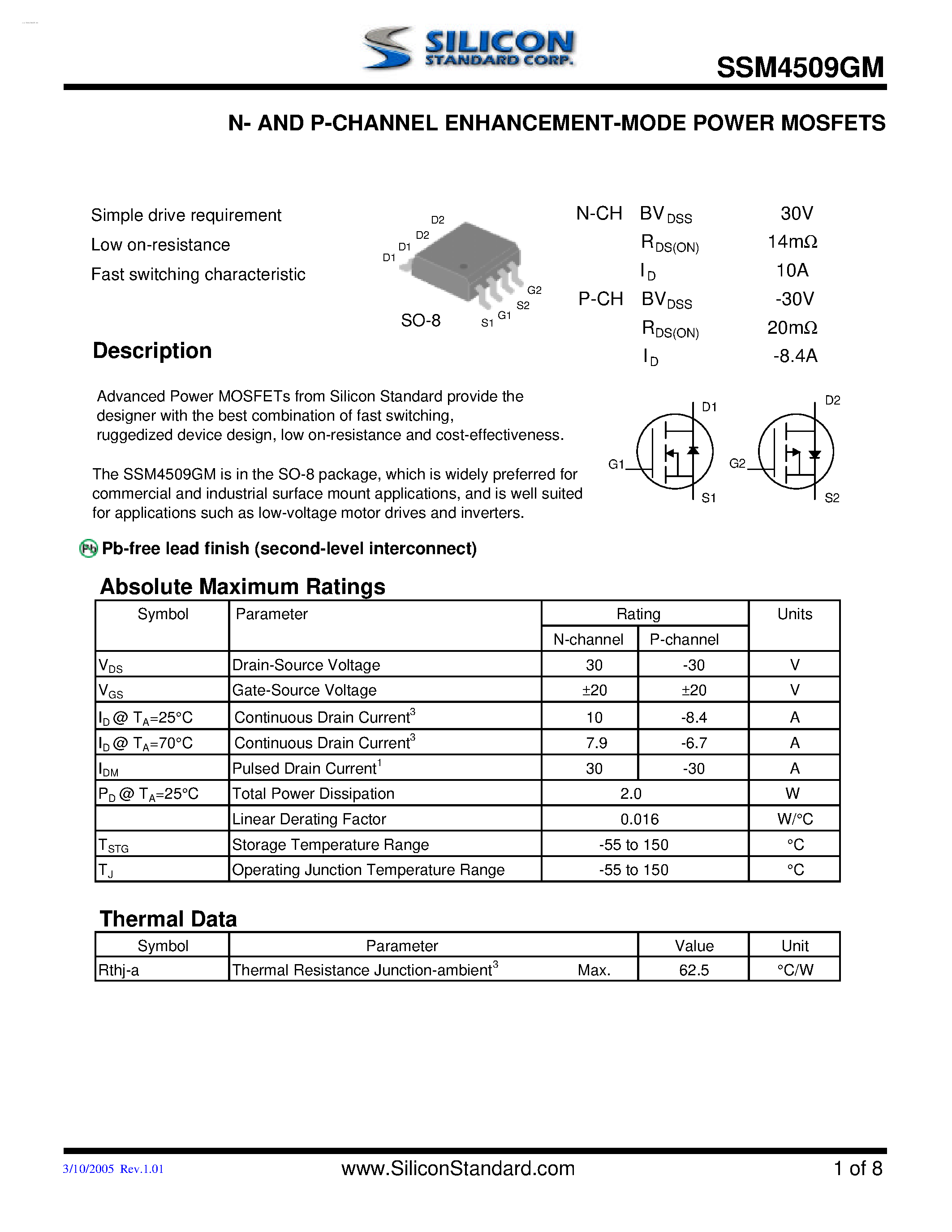 Datasheet SSM4509GM page 1 Datasheet SSM4509GM - N AND P-CHANNEL ENHANCEMENT MODE POWER MOSFET page 1