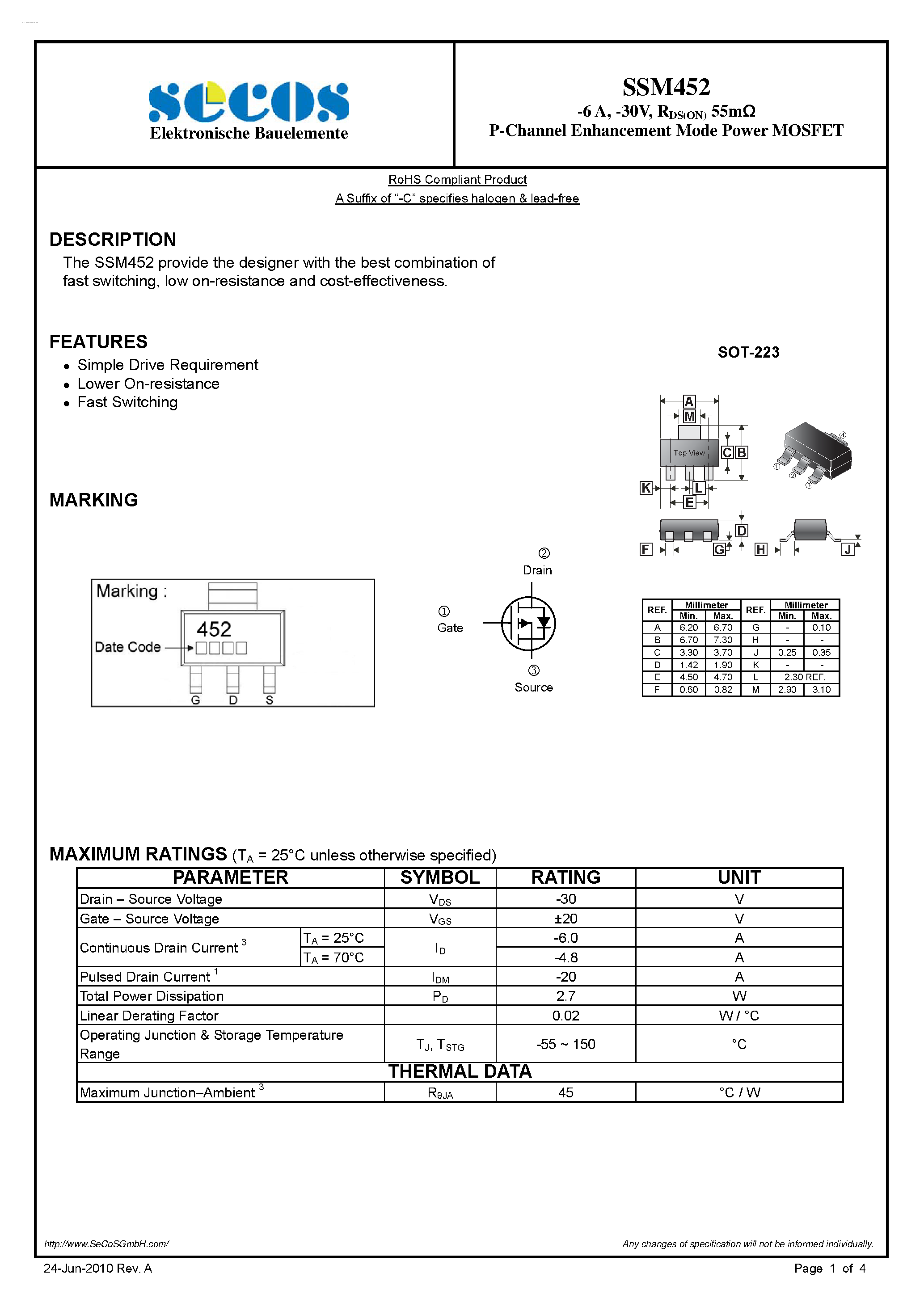 Datasheet SSM452 - P-Channel Enhancement Mode Power MOSFET page 1
