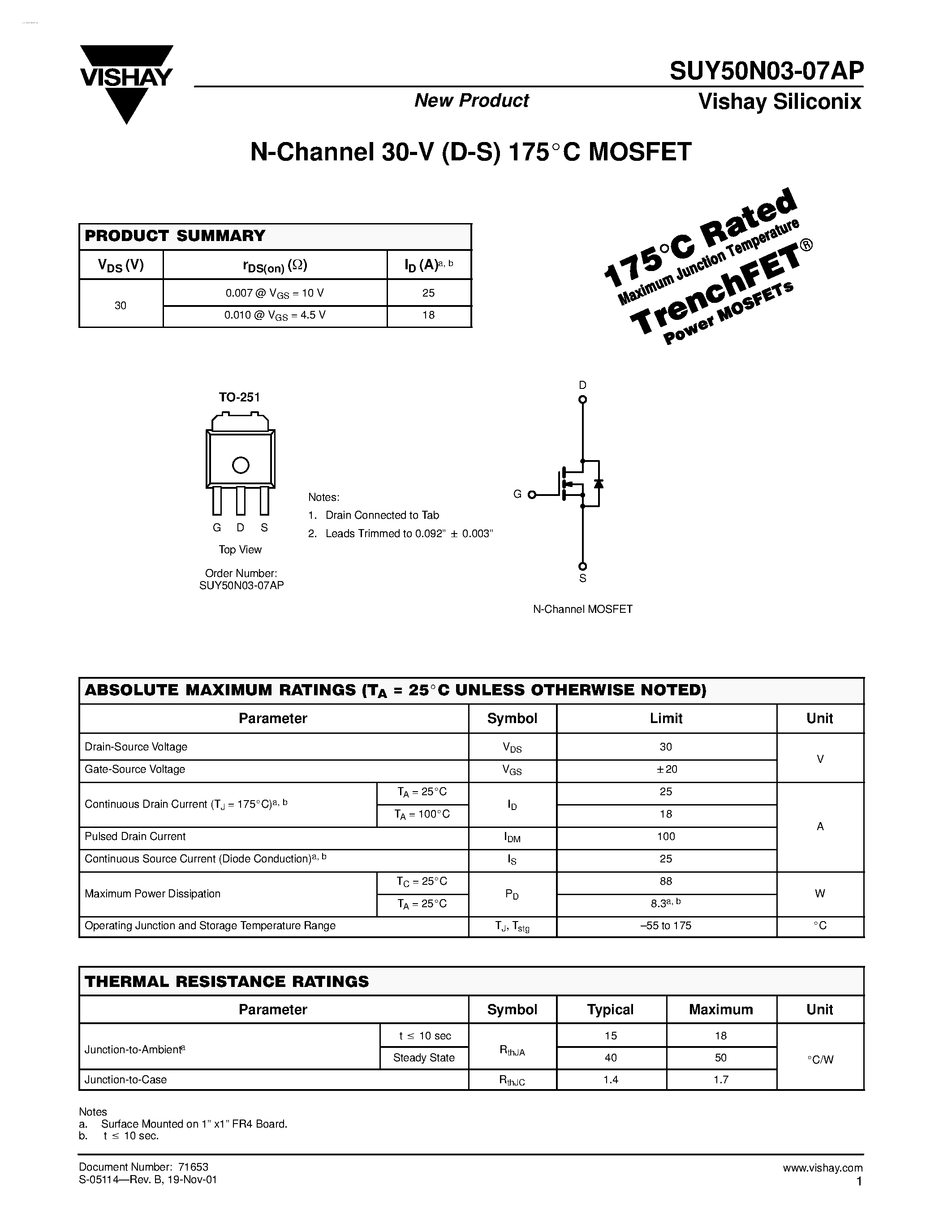 Даташит SUY50N03-07AP - N-Channel 30-V D-S 175C MOSFET страница 1