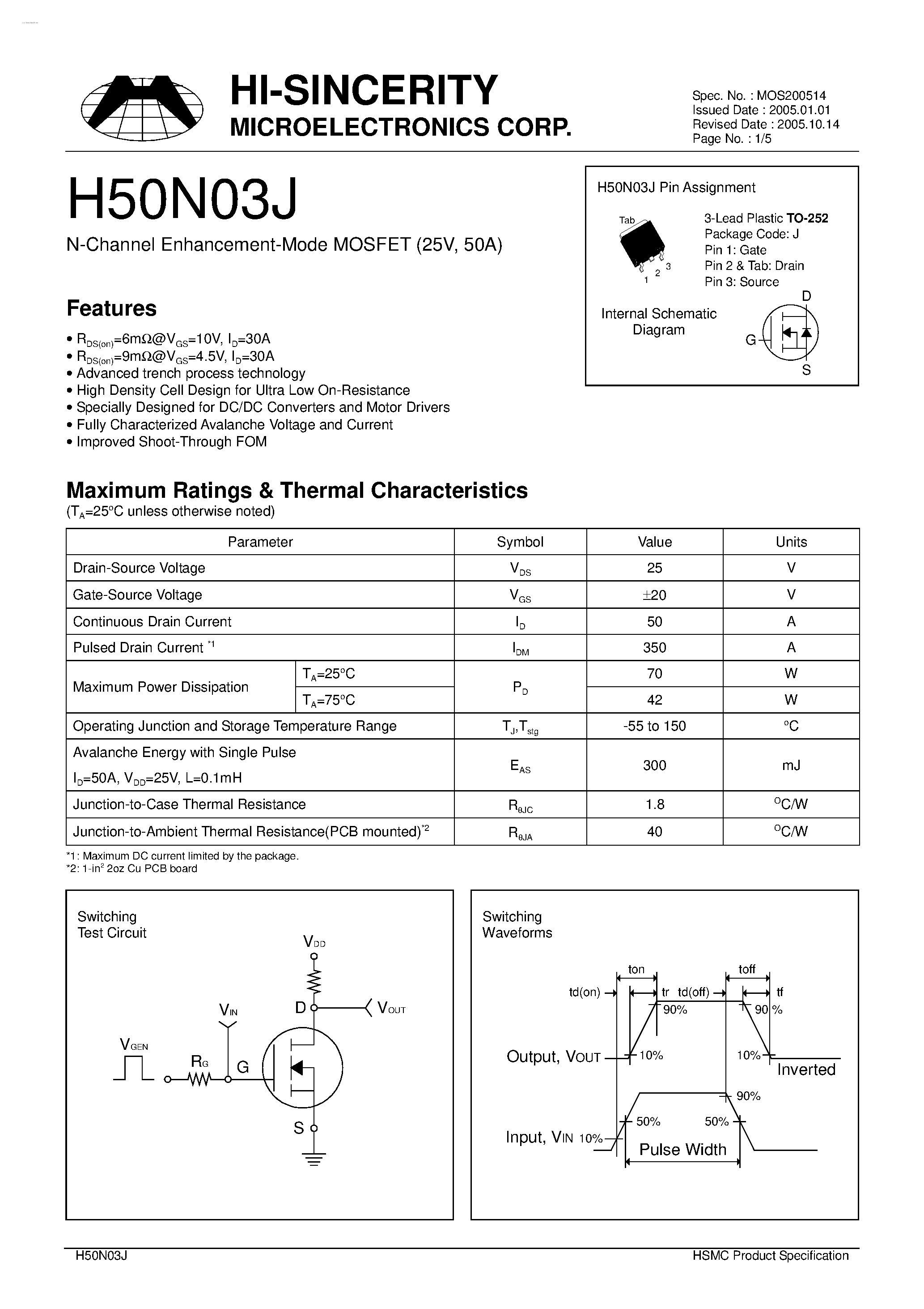 Datasheet H50N03J - N-Channel Enhancement-Mode MOSFET page 1