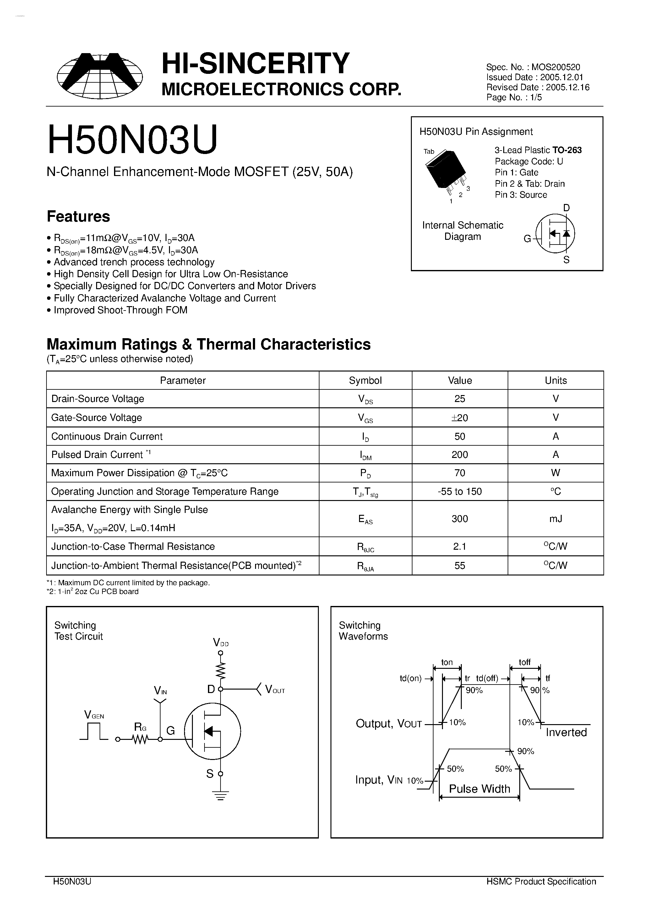 Datasheet H50N03U - N-Channel Enhancement-Mode MOSFET page 1