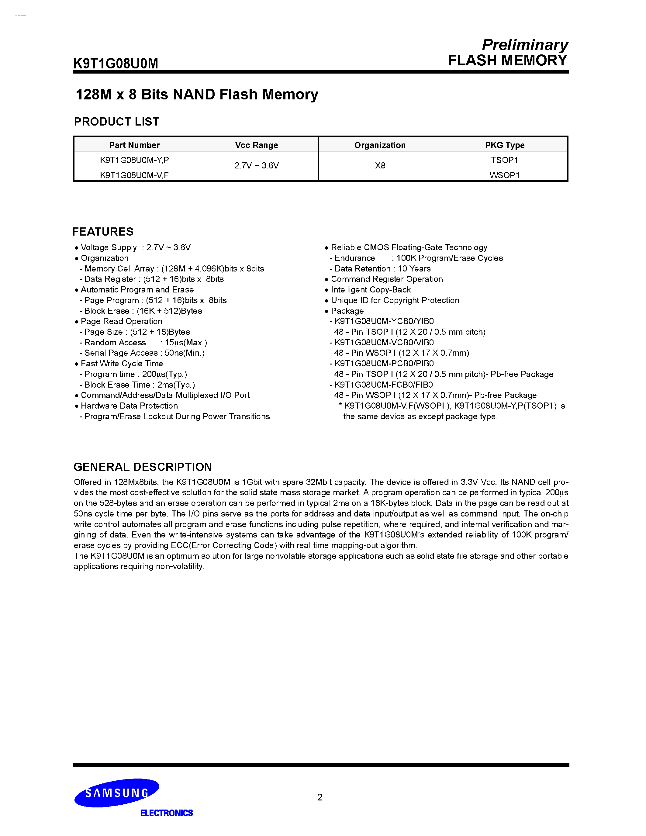 Даташит K9T1G08U0M - 128M x 8 Bits NAND Flash Memory страница 2