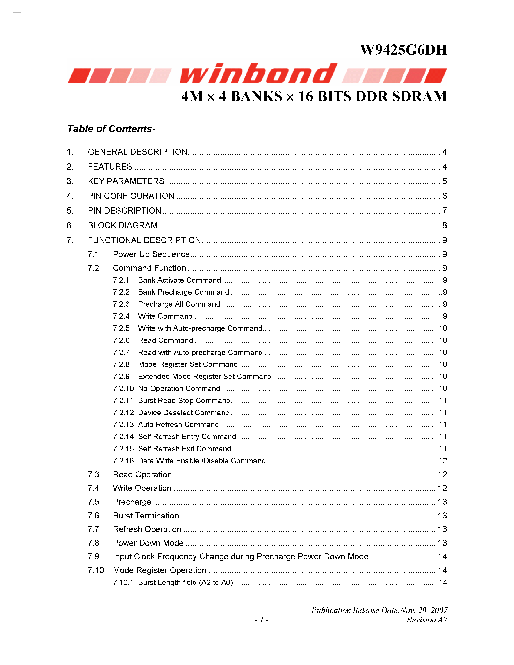 Datasheet W9425G6DH - 4M X 4 BANKS X 16 BITS DDR SDRAM page 1
