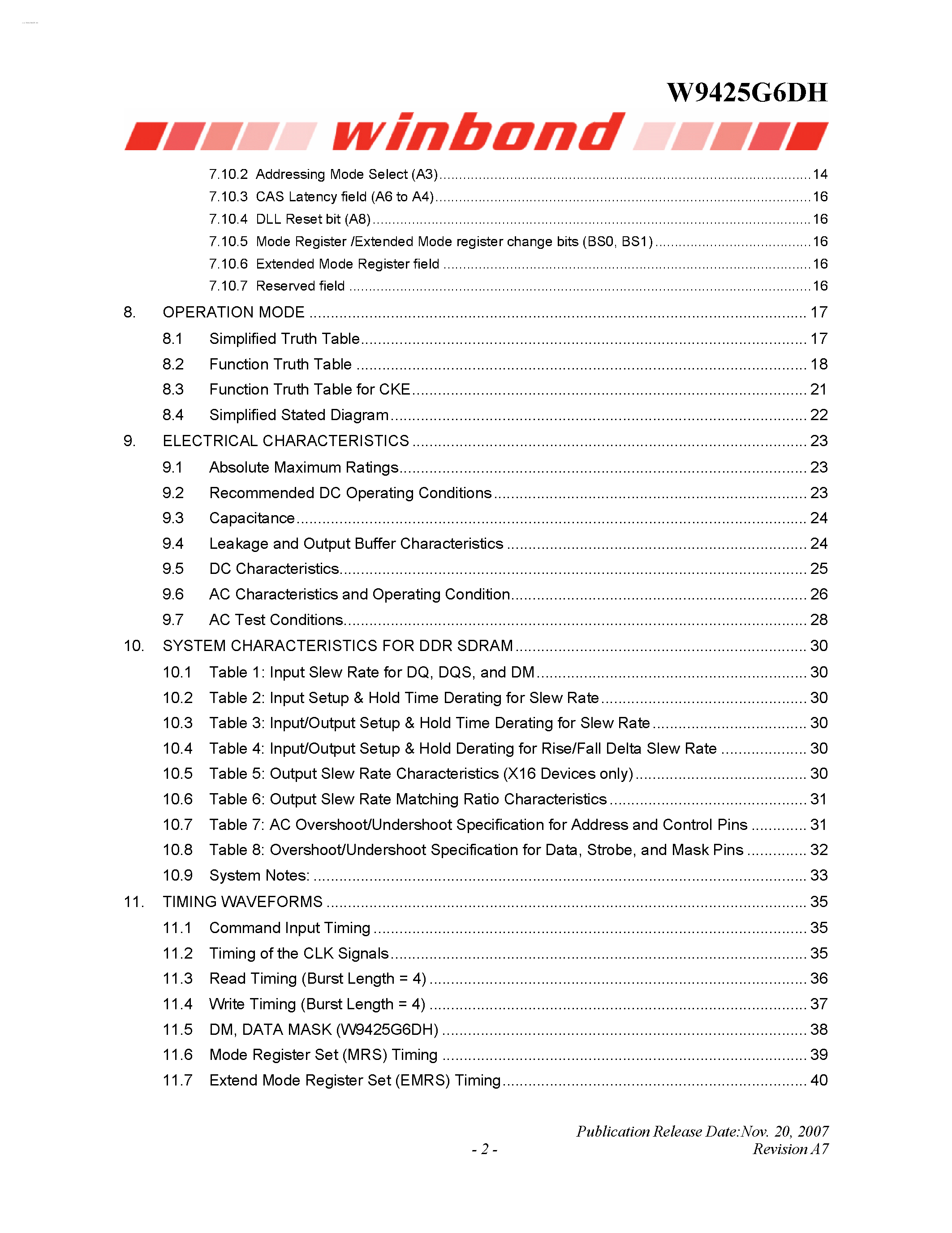 Datasheet W9425G6DH - 4M X 4 BANKS X 16 BITS DDR SDRAM page 2