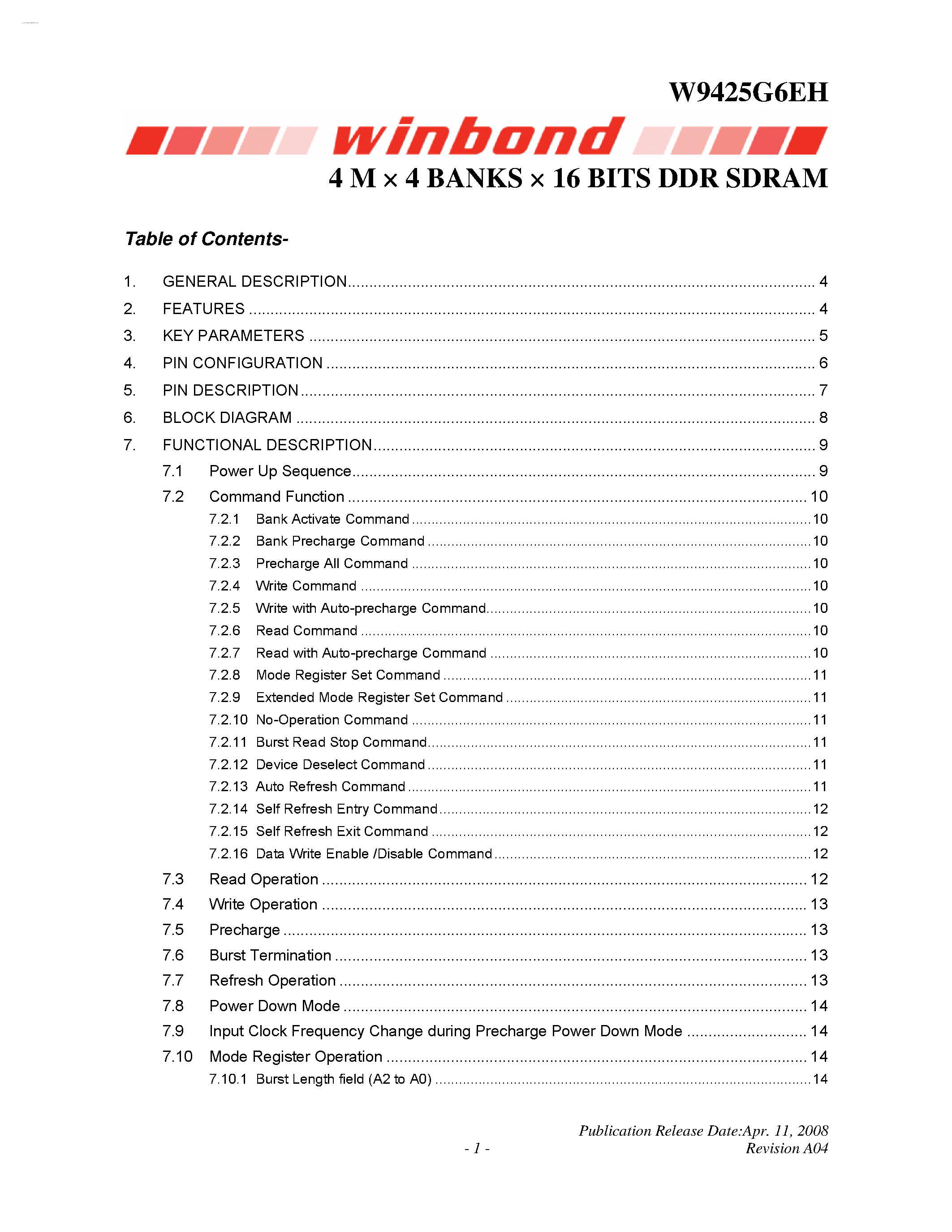 Datasheet W9425G6EH - 4M X 4 BANKS X 16 BITS DDR SDRAM page 1