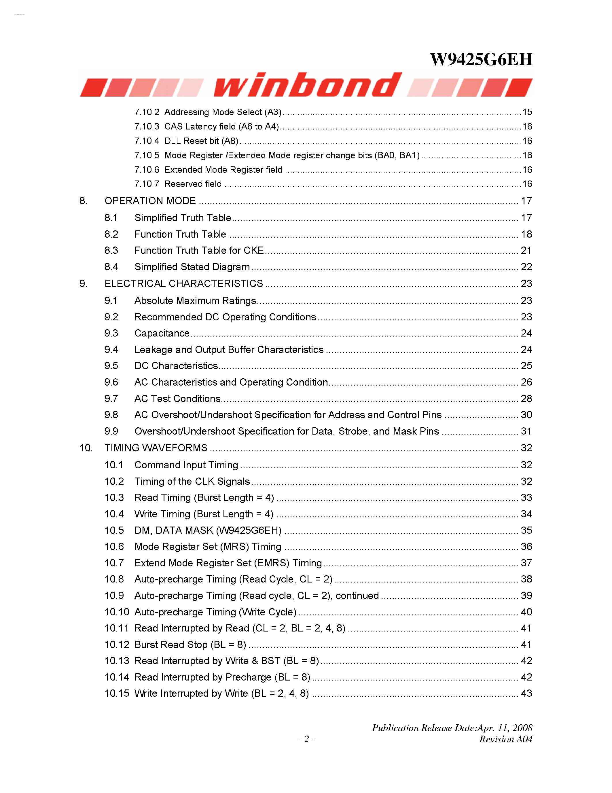 Datasheet W9425G6EH - 4M X 4 BANKS X 16 BITS DDR SDRAM page 2