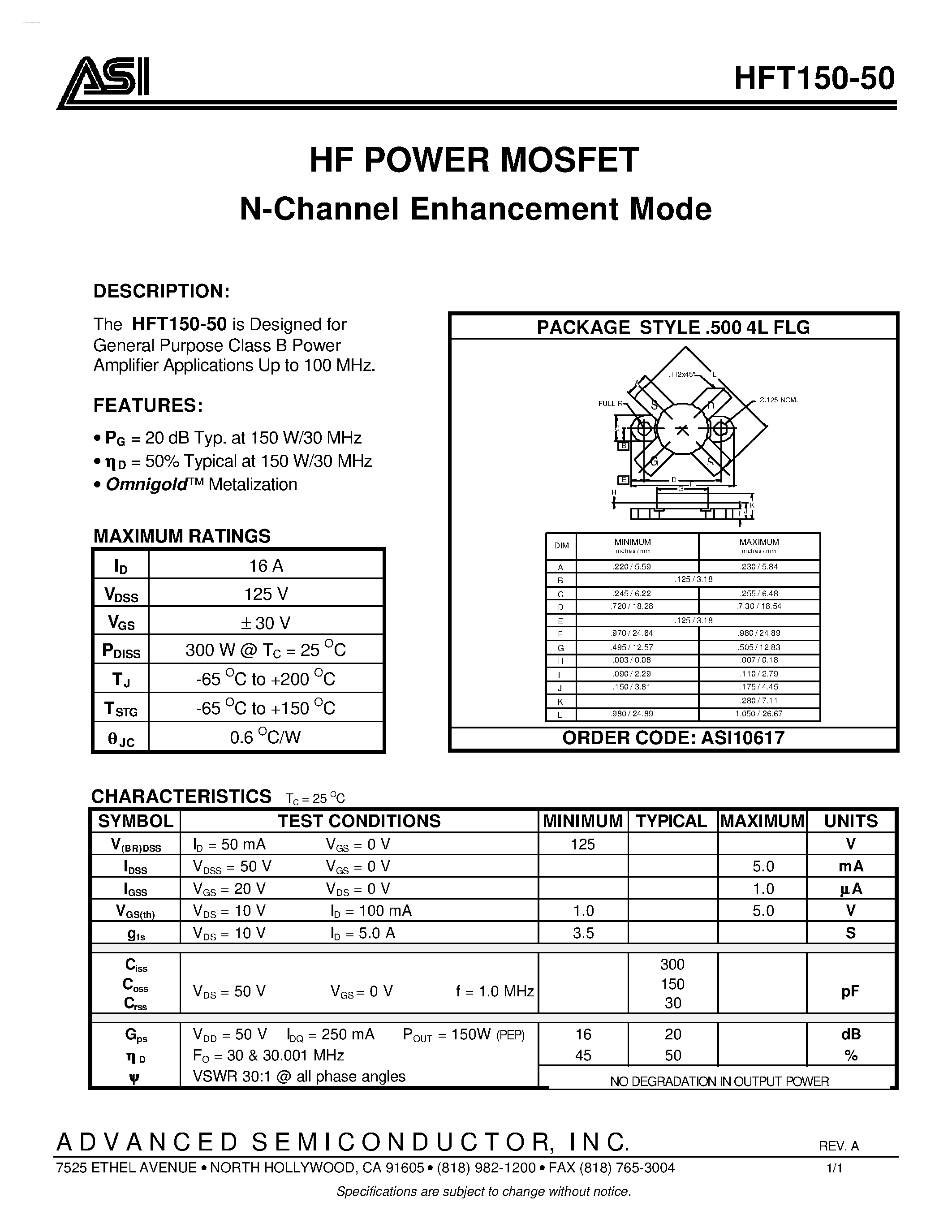 Datasheet HFT150-50 - N-Channel Enhancement Mode HF POWER MOSFET page 1