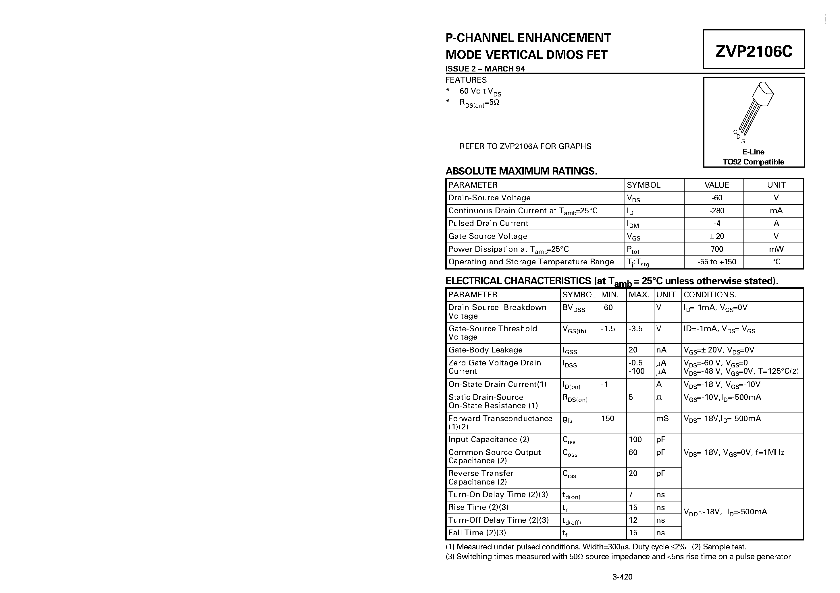 Datasheet ZVP2106C - P-CHANNEL ENHANCEMENT MODE VERTICAL DMOS FET page 1