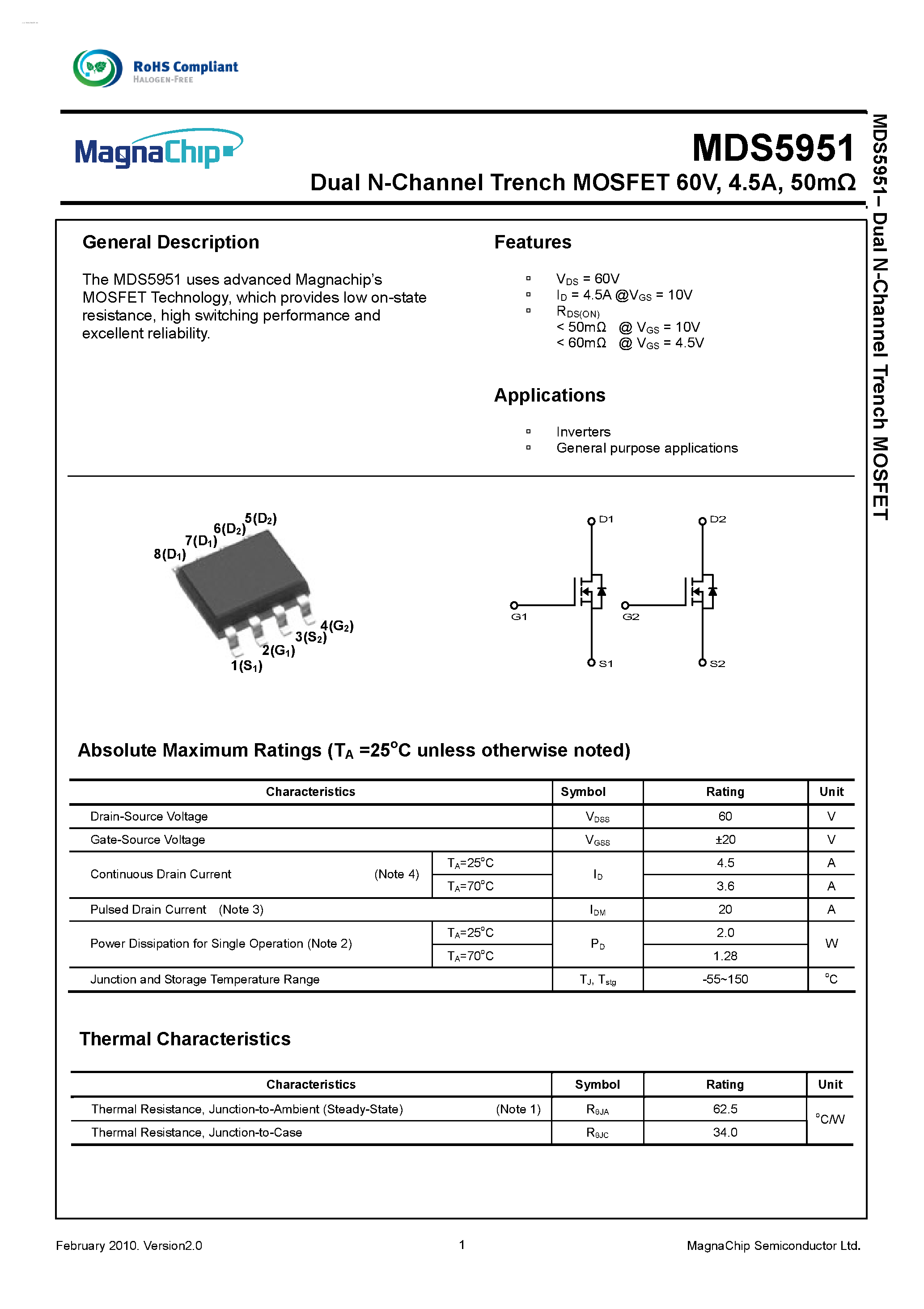 Datasheet MDS5951 - Dual N-Channel Trench MOSFET page 1