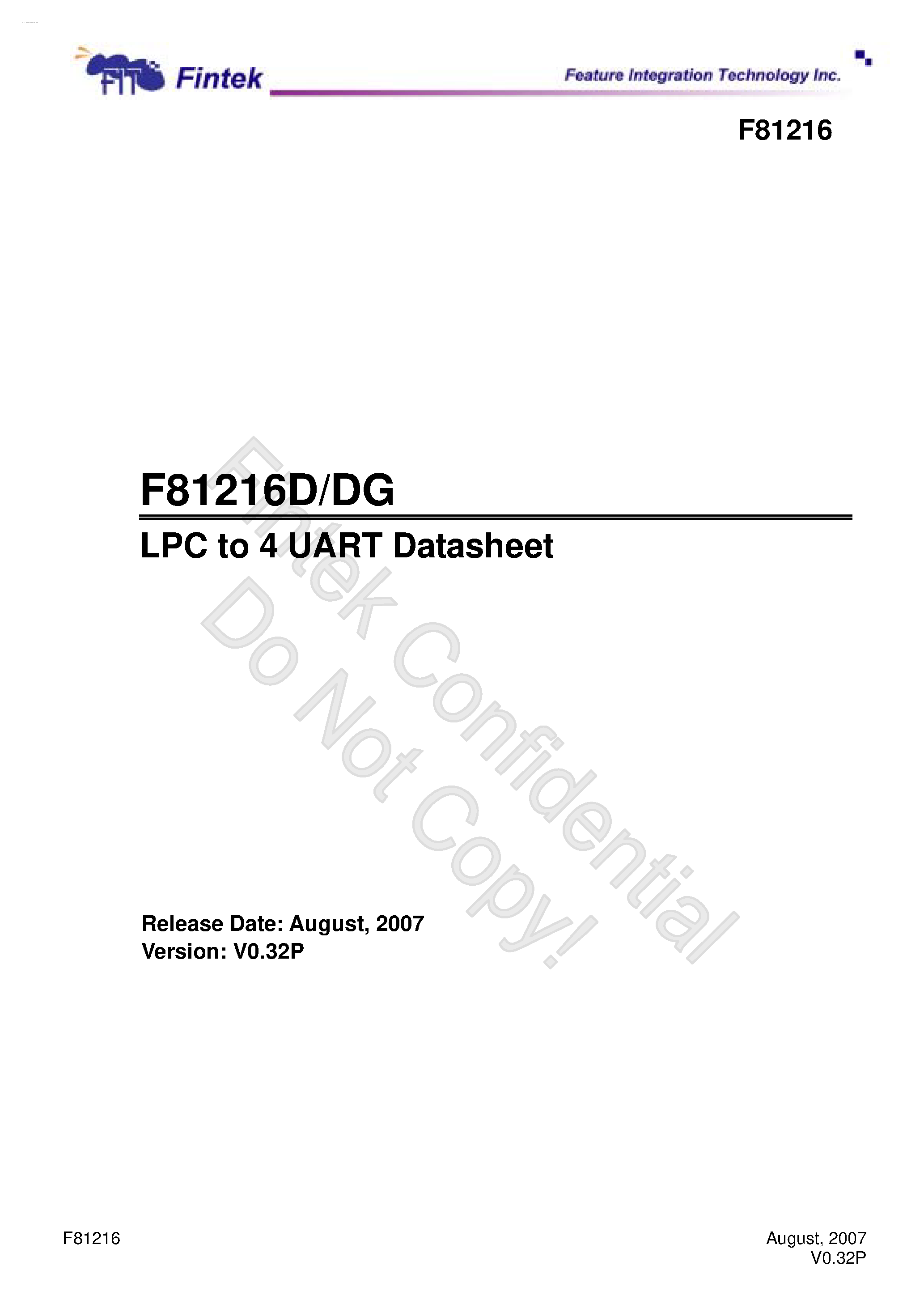 Даташит F81216 - LPC to 4 UART страница 1