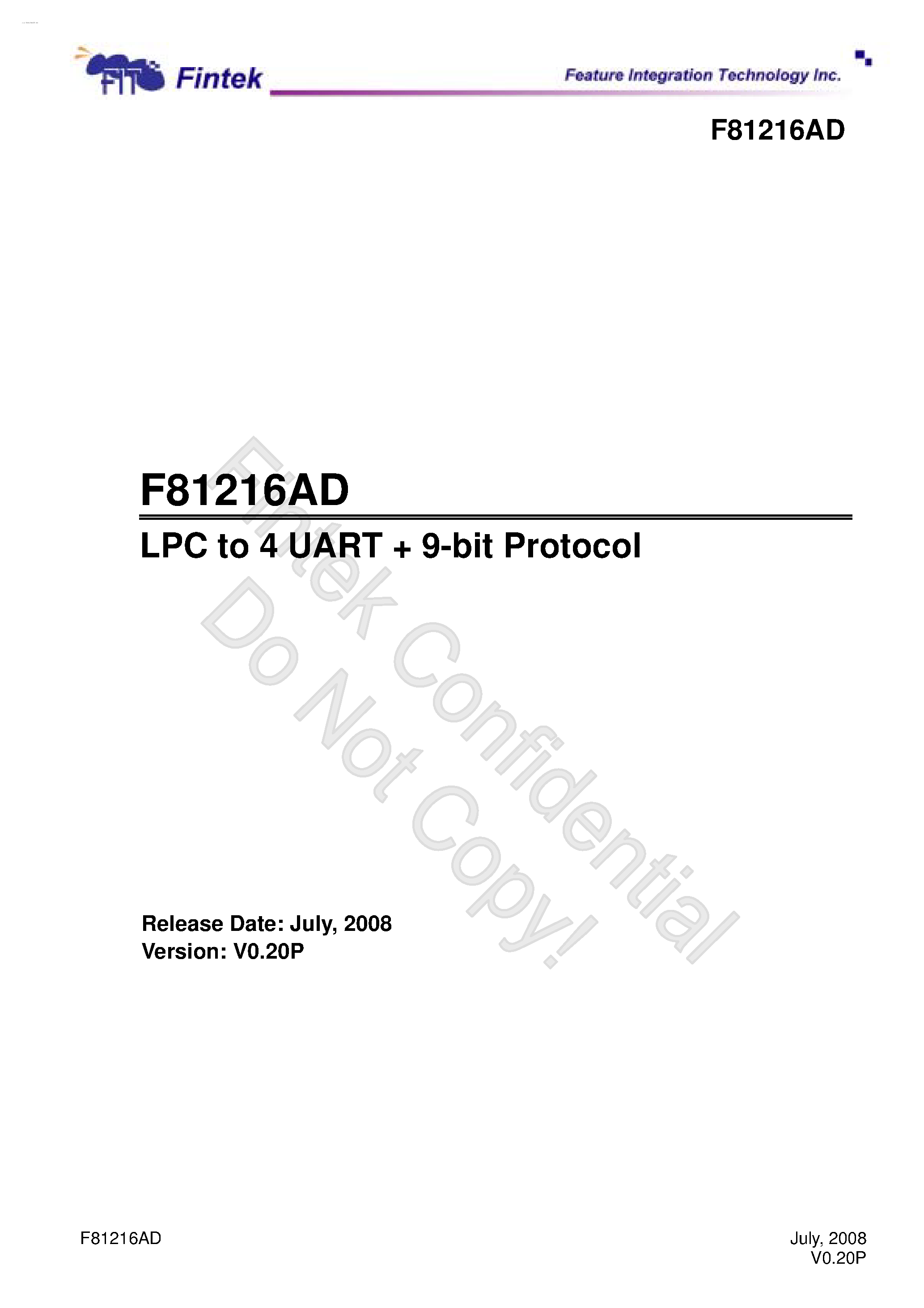 Даташит F81216AD - LPC to 4 UART + 9-bit Protocol страница 1