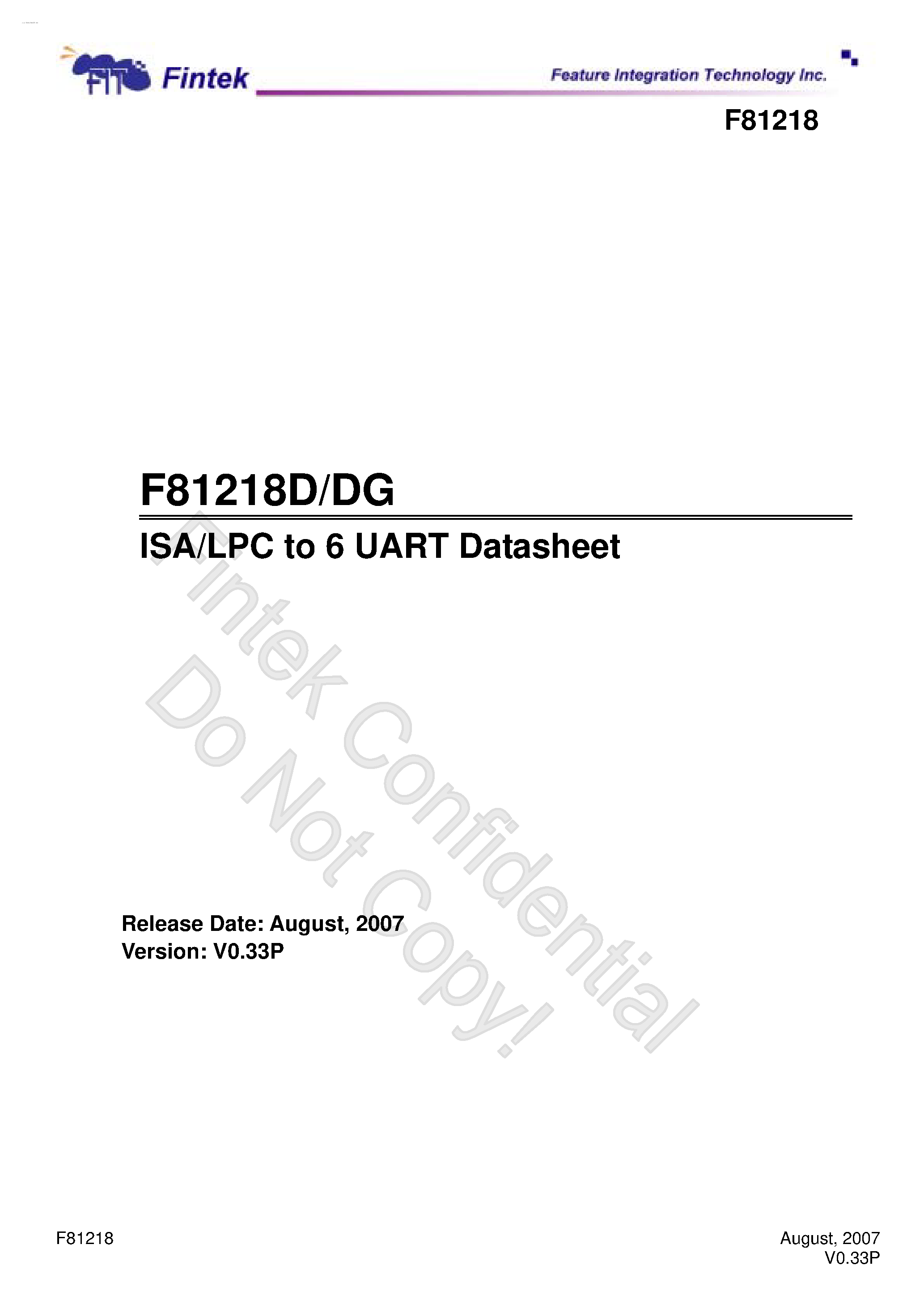Datasheet F81218 - ISA/LPC to 6 UART page 1
